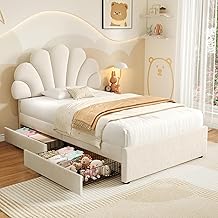 ModernLuxe 3FT Upholstered Bed Frame with 2 Storage Drawers, Stylish Single Bed with Adjustable Chic Petal Headboard, No Box Spring Needed, Easy Assembly, Velvet, Beige, 90x190 cm (No Mattress)