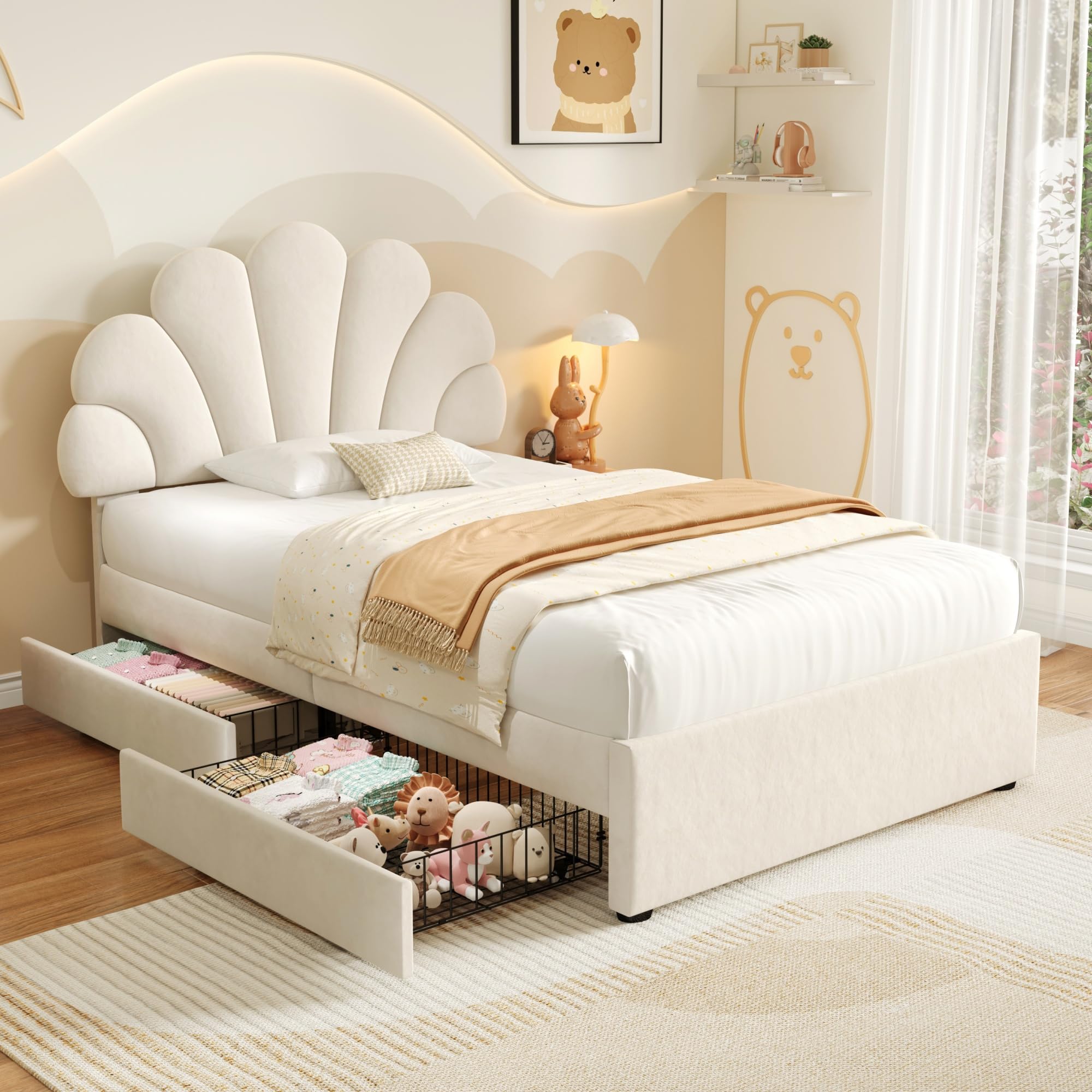 Merax Single bed frame, 3ft Single Upholstered Storage Bed, Adjustable Chic Petal Headboard, 2 Storage Drawers, with Solid Wood Slat, No Box Spring Needed, Velvet Fabric, Beige/90CM*190CM โ image 1