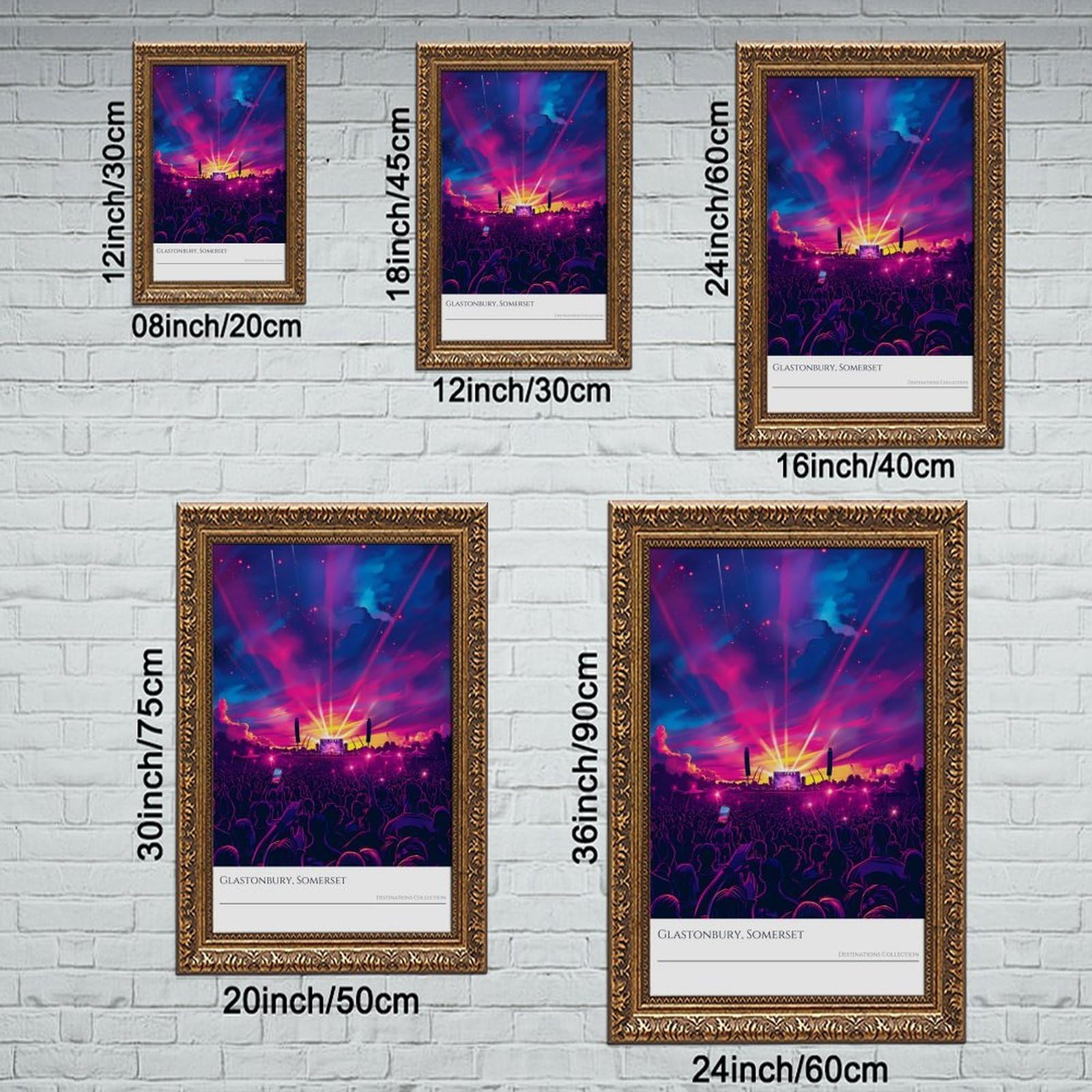 Poster di Glastonbury Festival viola Light Show Music Memorabilia Canvas Poster Wall Art Decor Stampa Dipinti per Soggiorno Camera da Letto Decorazione Retro Cornice Dorata 40,6 cm L x 61 cm W