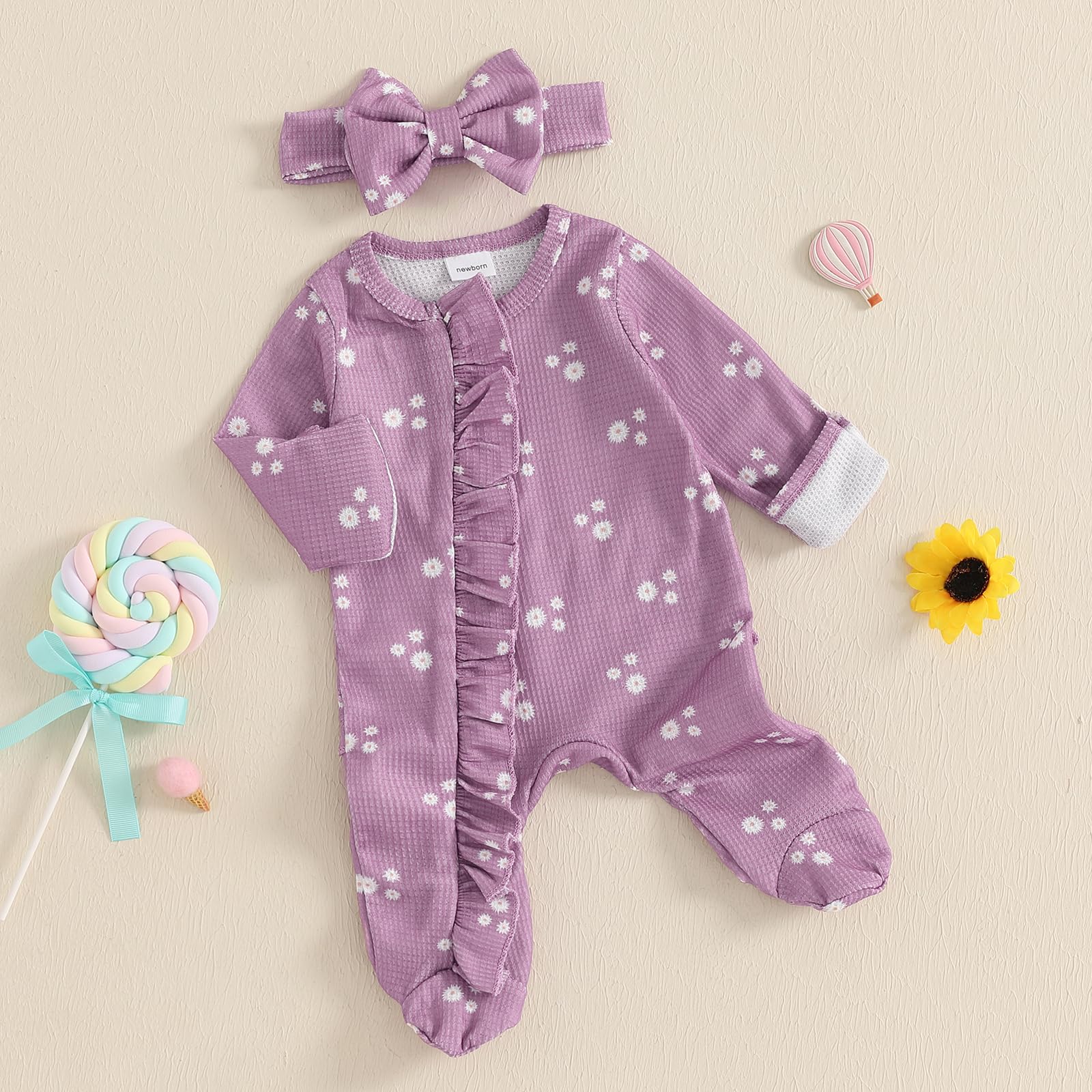 Ursobutegl Newborn Baby Girl Clothes Footie Ruffle Trim Zipper Romper Jumpsuit Bodysuit Headband Coming Home Hospital Outfits (Violet, Newborn)