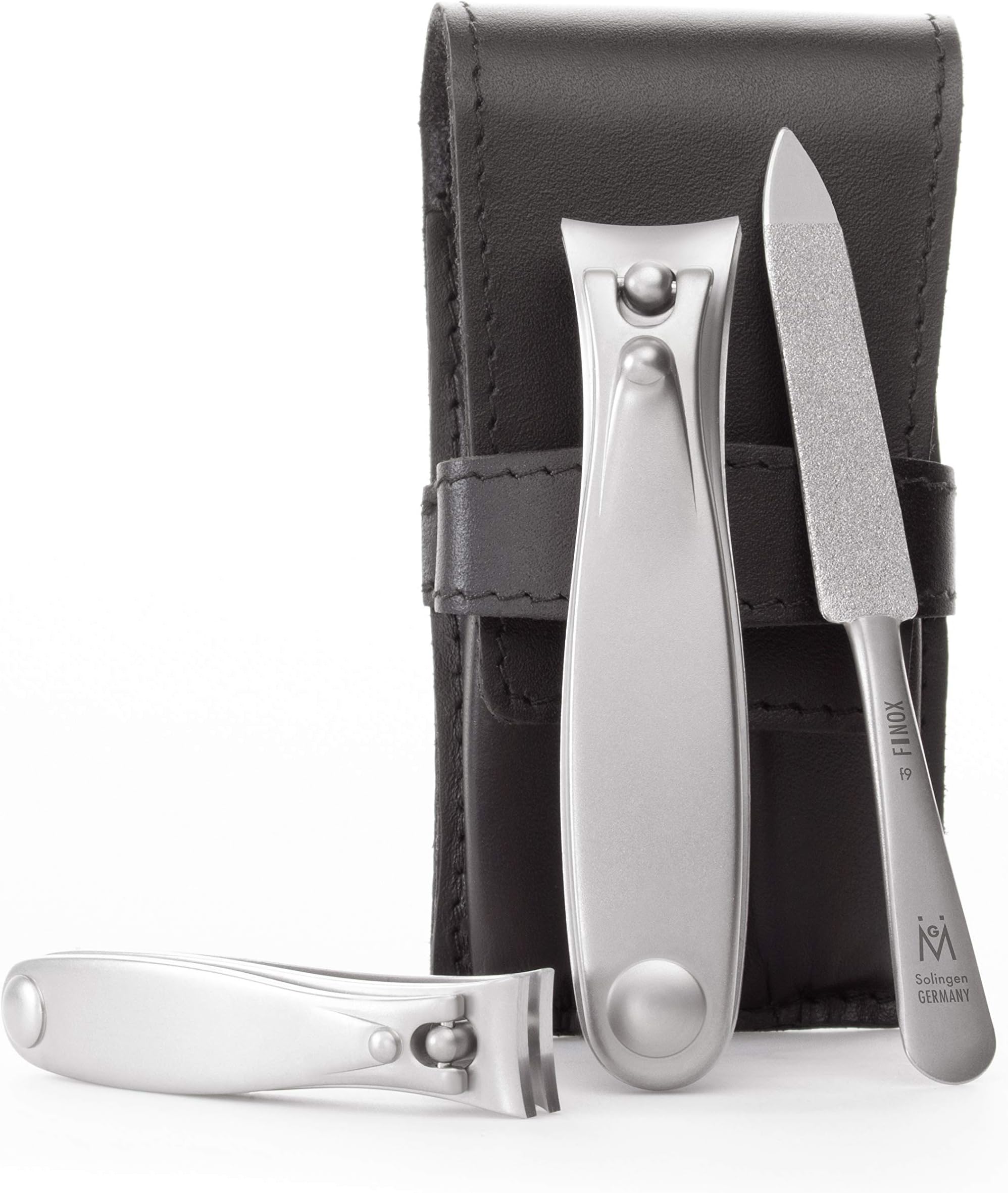 GERMANIKURE Nail Clippers and Sapphire Nail File Set in Black Leather Case – Ethically Made in Solingen Germany, FINOX Stainless Steel Tools – Professional Quality Manicure & Pedicure Kit for Men