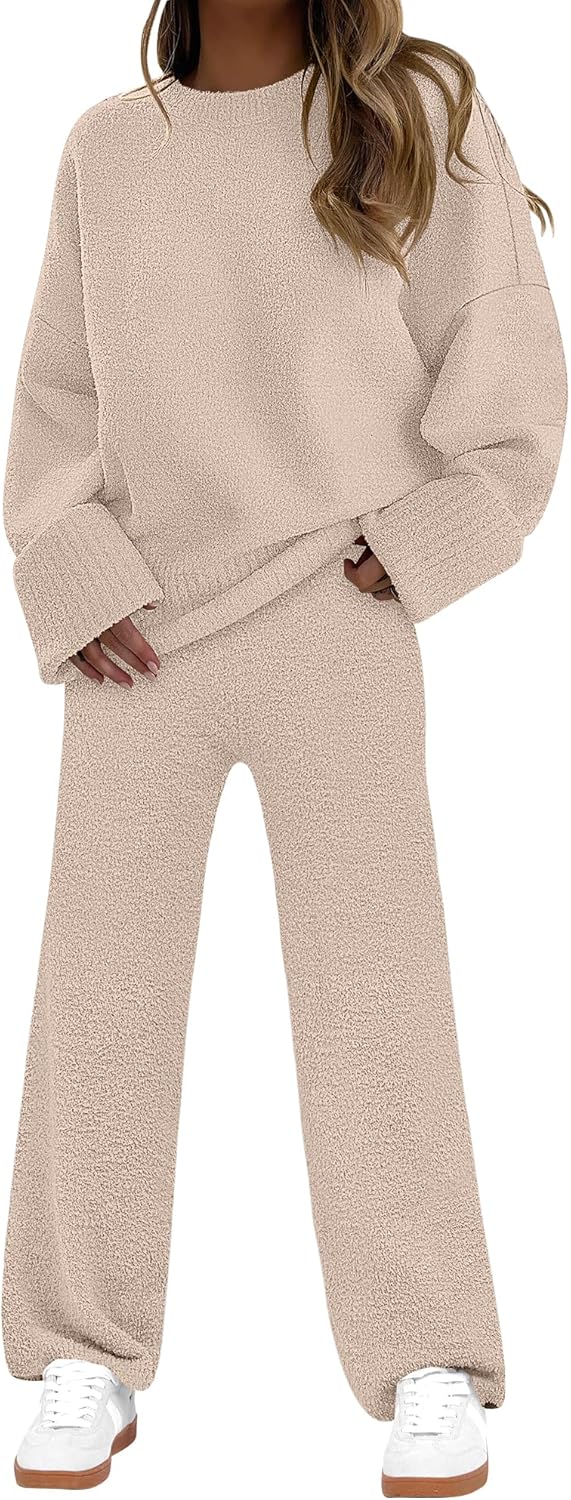 ANRABESS Womens Pajama Sets Fuzzy Fleece 2 Piece Long Sleeve Sweater Knit Top Wide Leg Pants Lounge Pj Set 2025 Fall Outfits