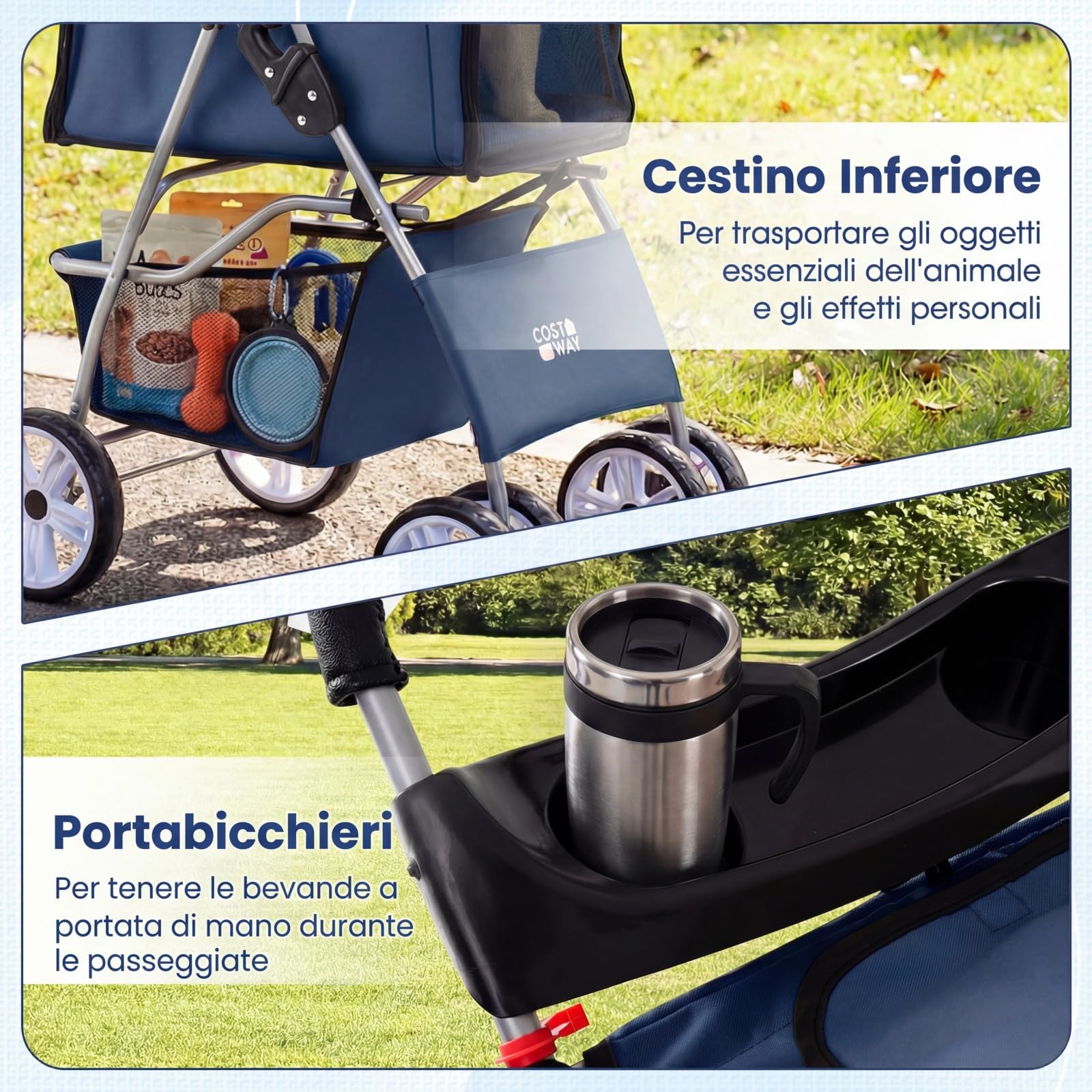 COSTWAY Passeggino per Cani Piccoli Pieghevole Facile, Carrozzina per Cani Portata Fino a 15 kg con Rete Traspirante e Copertura Impermeabile, Passeggino per Gatti per Viaggio (Blu)