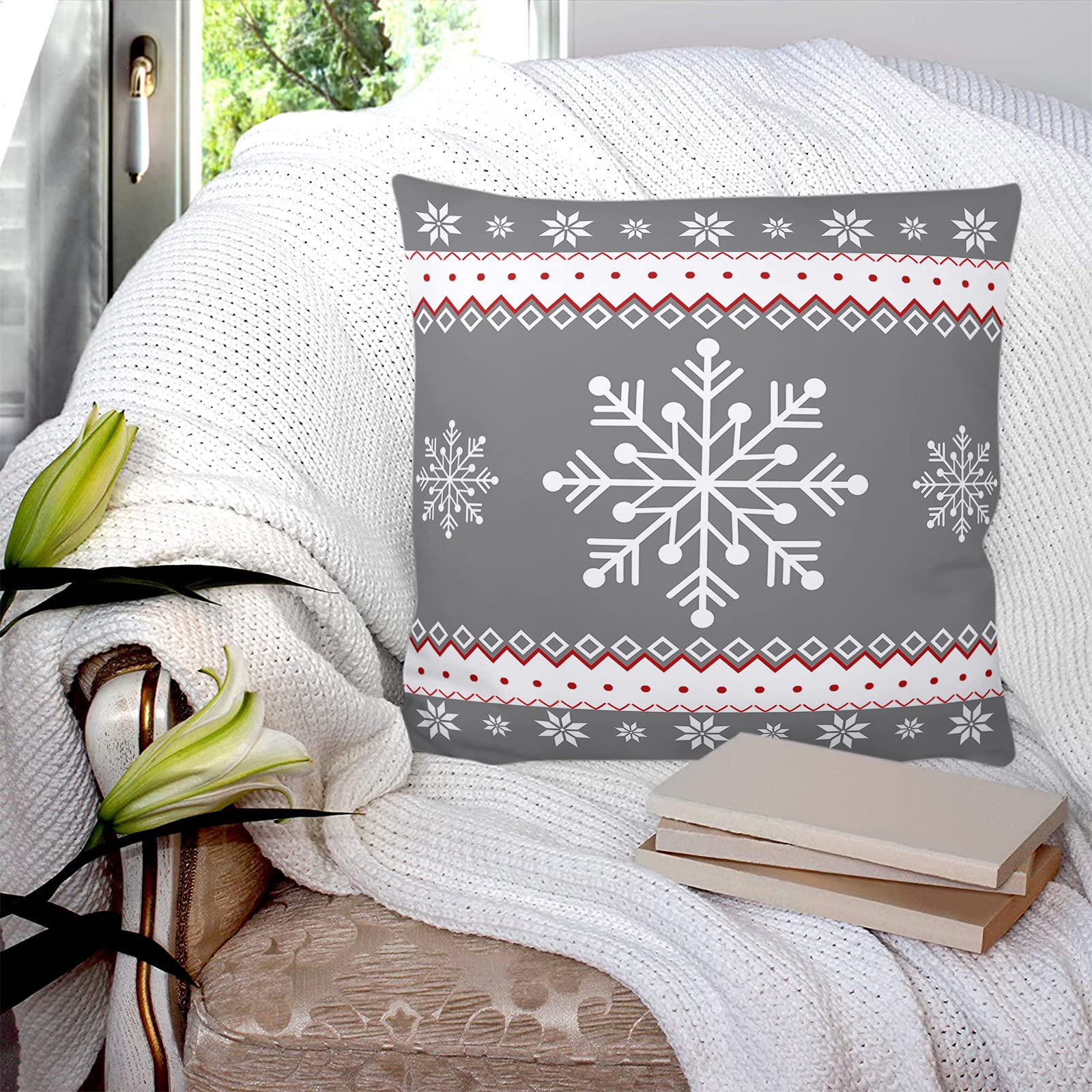 Fahrendom Set di 4 federe decorative invernali con fiocco di