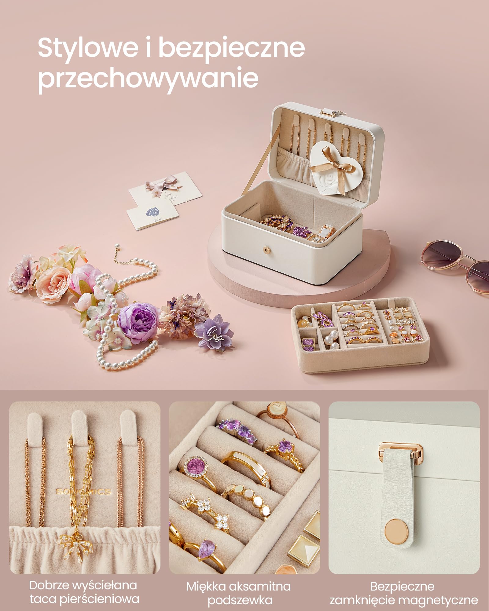 Songmics 2-warstwowe pudełko na biżuterię, 11 x 16 x 8 cm, podróżne pudełko na biżuterię, małe, przestronne, na większe akcesoria, pomysł na prezent, chmurkowy biały, JBC166W01