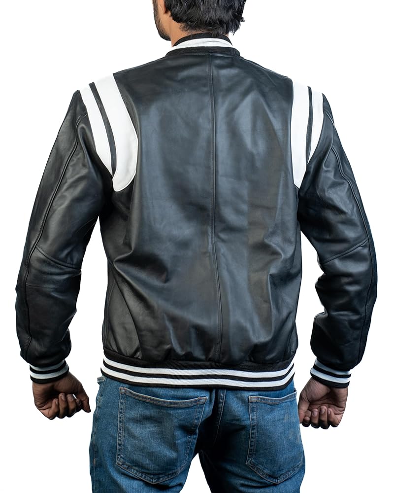 GOKTOG Mens Black Casual Varsity Style Real Leather Jacket