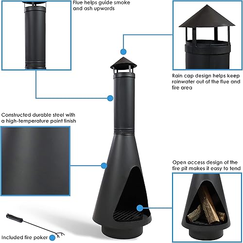 Miniatura 4 de Sunnydaze Chiminea de acero resistente negro de 56 pulgadas con póker de troncos, rejilla y tapa de lluvia, acabado de pintura de alta temperatura