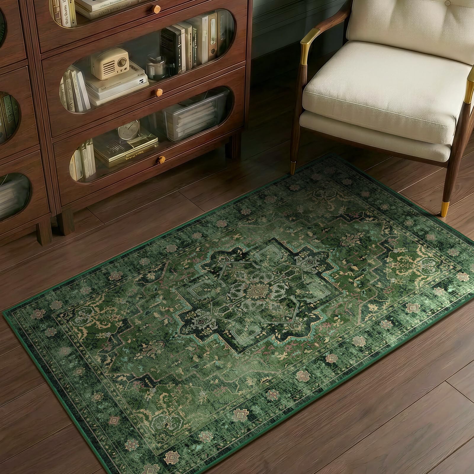 Jainmy Dark Green Vintage Entryway Rug 3x5, Tranditional Medallion Distressed Throw Rug for Bedroom Bedside, Washable Non Slip Low Pile Small Area Rug
