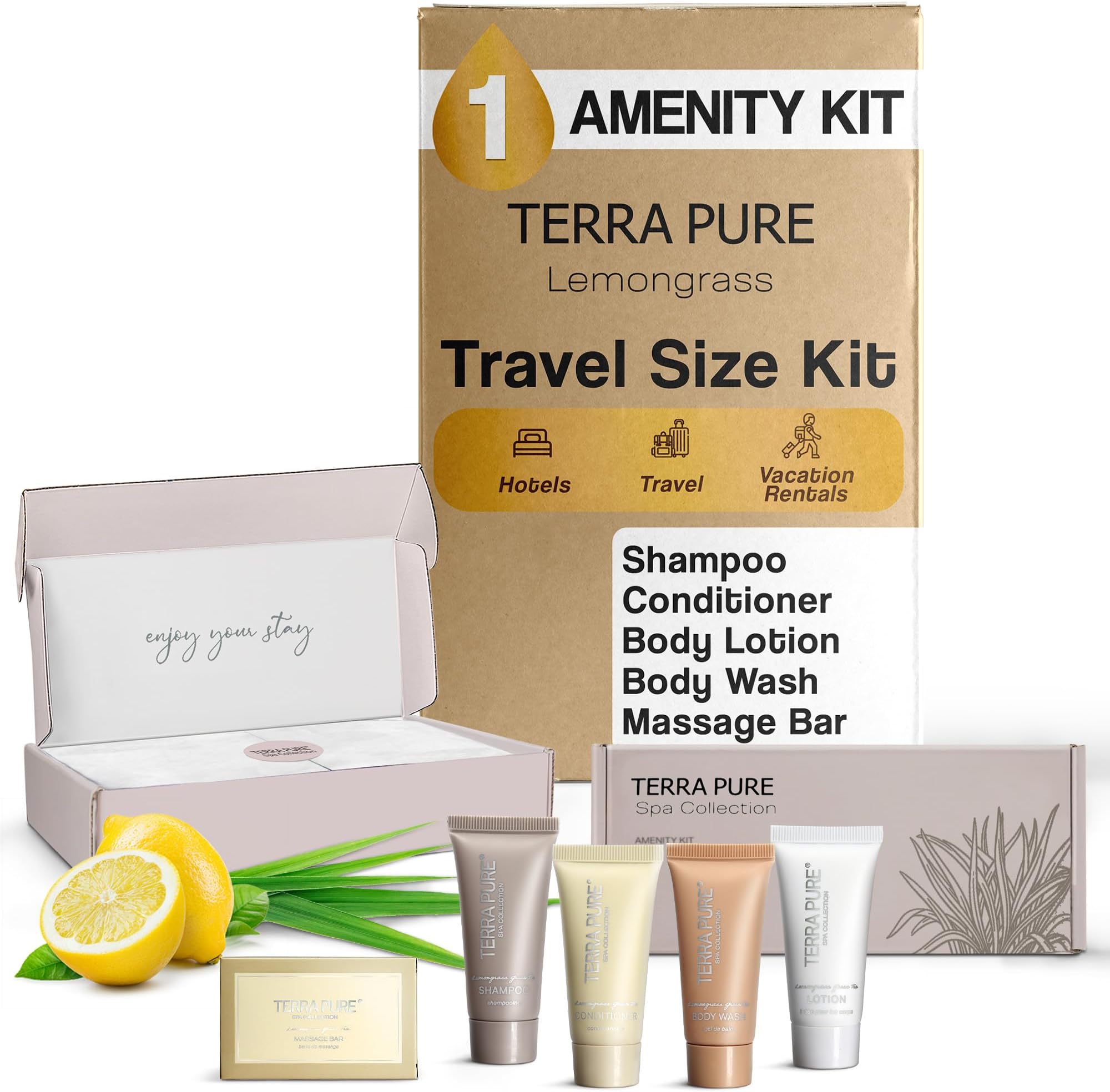 Terra Pure Spa Collection Amenity Kit | Hotel Bulk Toiletries | 0.85 oz Shampoo, Conditioner, Lotion, Body Wash, Massage Bar for Guest Hospitality Vacation Rentals | 1 Set/Case