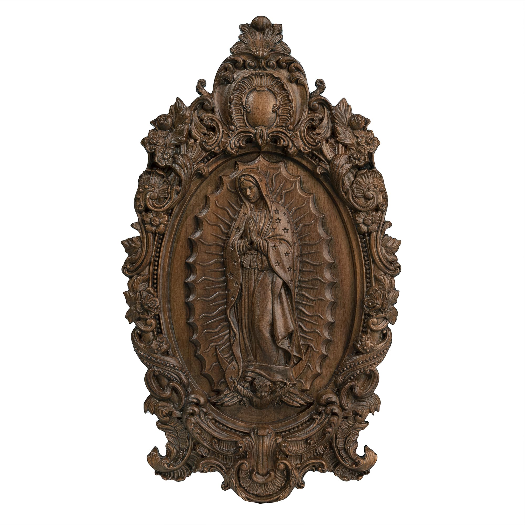 BGCOPPER Vintage Our Lady of Guadalupe Wood Carved Virgin Mary Icon Catholic Decoration Wooden Artwork Religious Gift (20 * 11.2 * 1.4inches, Retro)