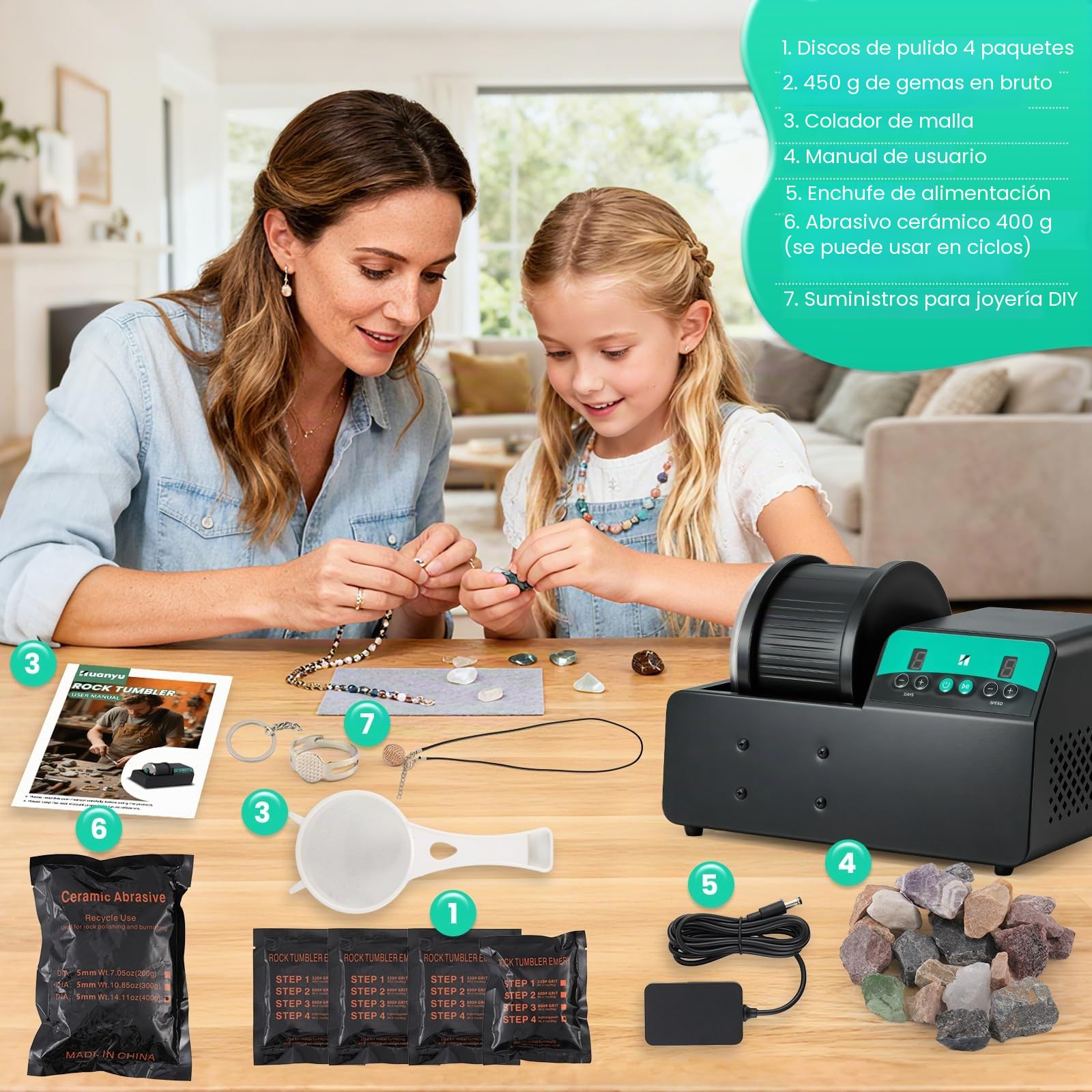 Huanyu Pulidora de rocas capacidad máx. 1.8 kg, Motor de 9 Velocidades, Temporizador de 9 Días, Pulidora de Piedras, Incluye accesorios completos para adultos y coleccionistas aficionados al bricolaje