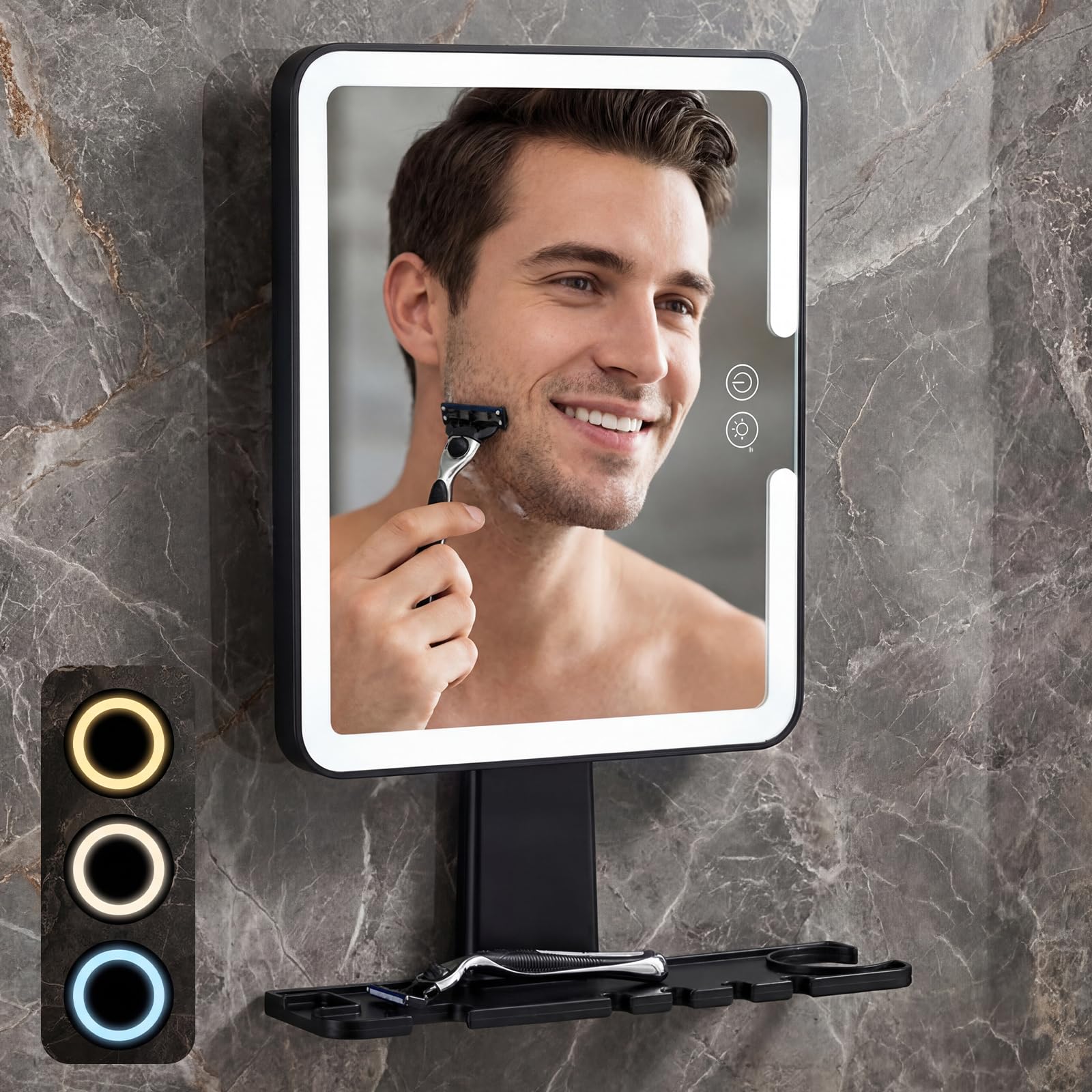 Miroir de douche avec ventouse puissante et support rasoir