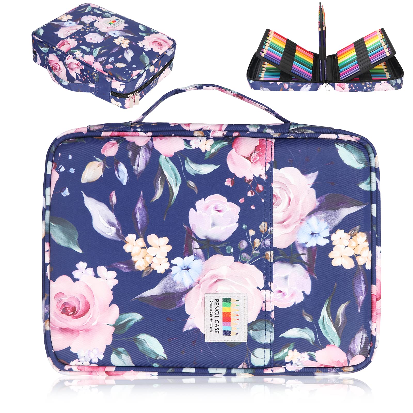 AYVANBER Colored Pencil Case 220 Slots Gel Pen Holder Waterproof Organizer Bag Portable Artist Painting Pencil Pouch Handy Storage Box for Watercolor Pen Marker and Stationery Supply (Blue Pink Rose)