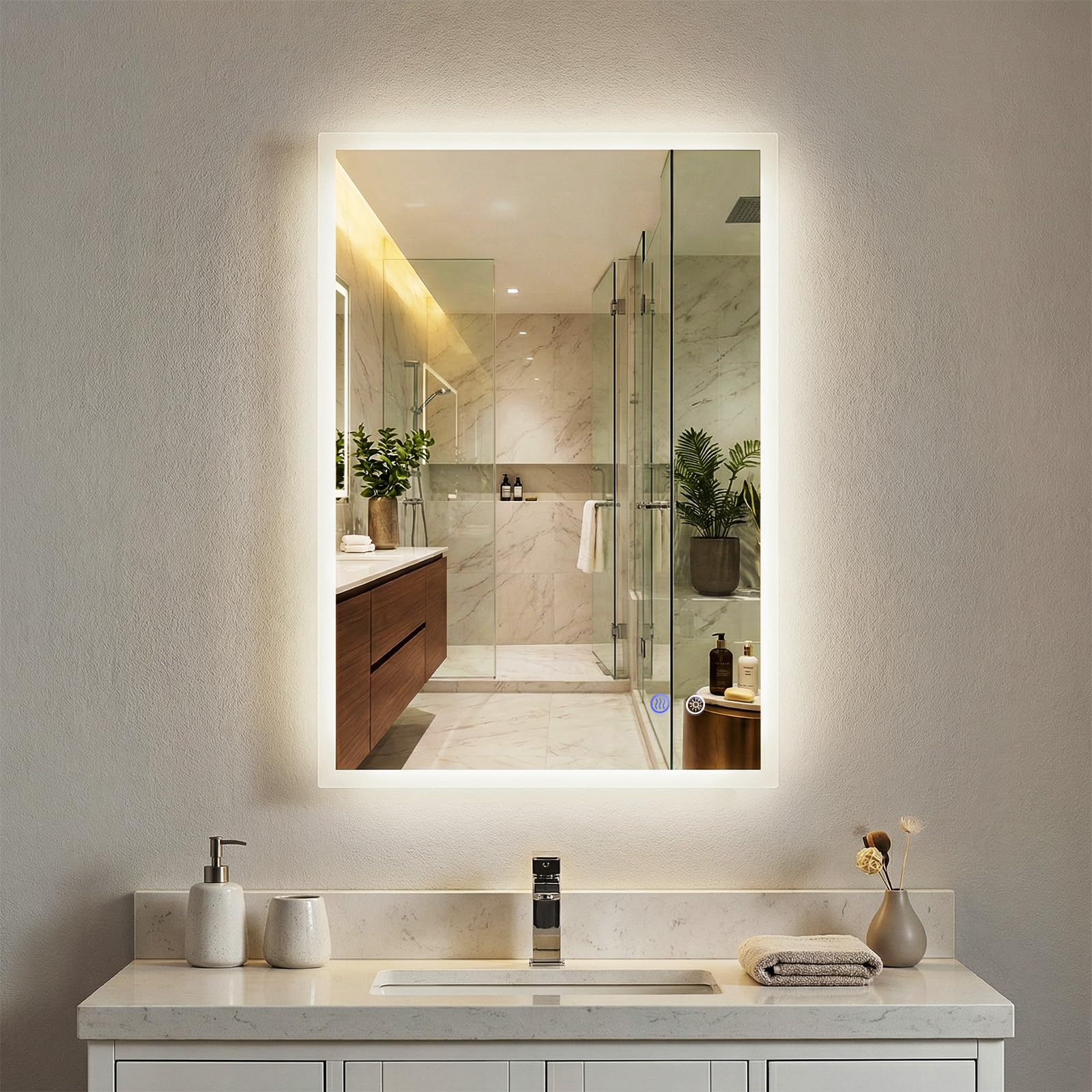 COSTWAY Specchio da Bagno LED 70 x 50 cm, Specchio da Parete Rettangolare con Anti-appannamento, Memoria, 3 Colori di Luce, Dimmerazione Continua e Vetro Temperato Infrangibile (70 x 50 x 3 cm)