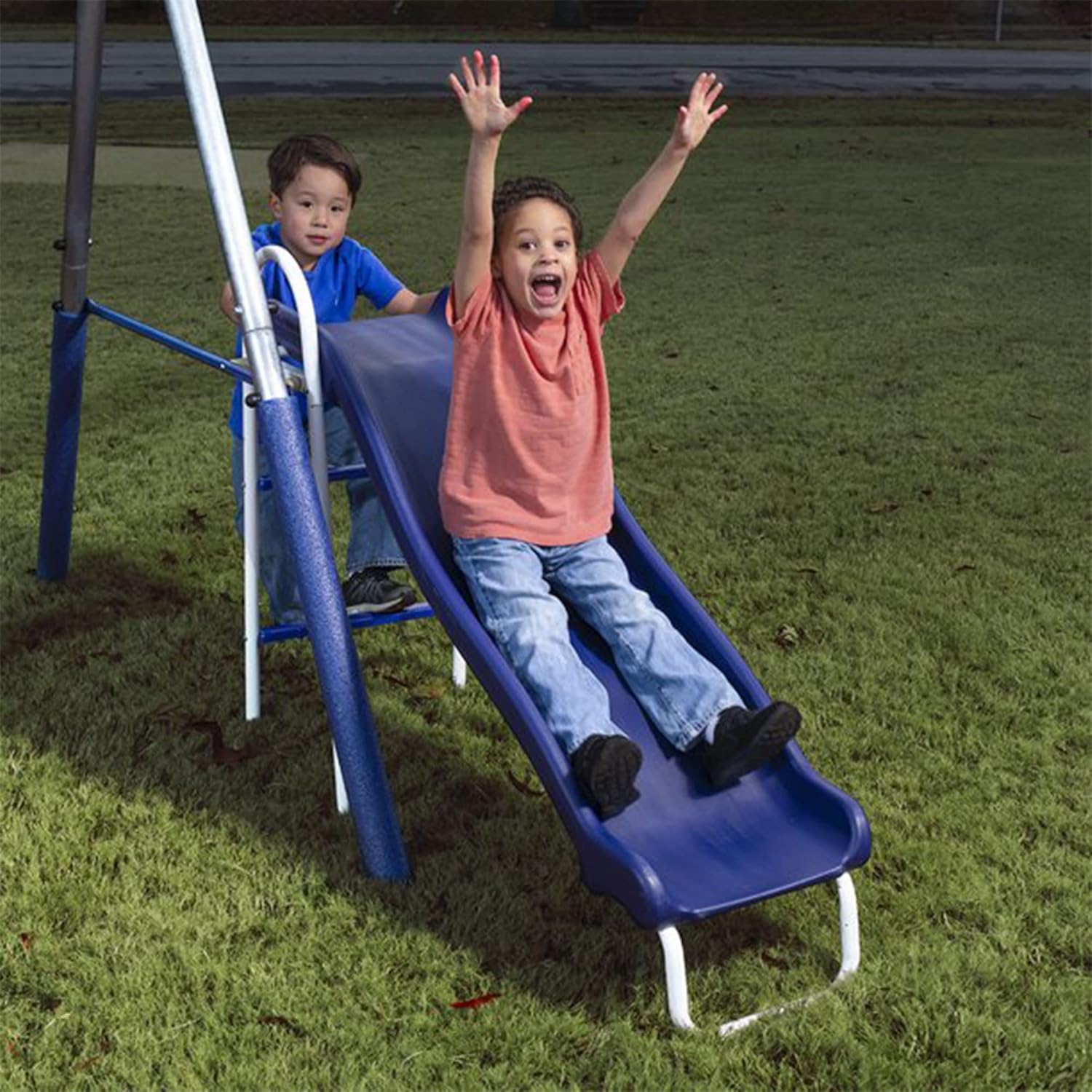 XDP Recreation Freedom Fun Metal A-Frame Kids Outdoor Swing Set 7 Child Capacity Backyard Playground Toy Set with Slide, 3 Swing Types, and See-Saw