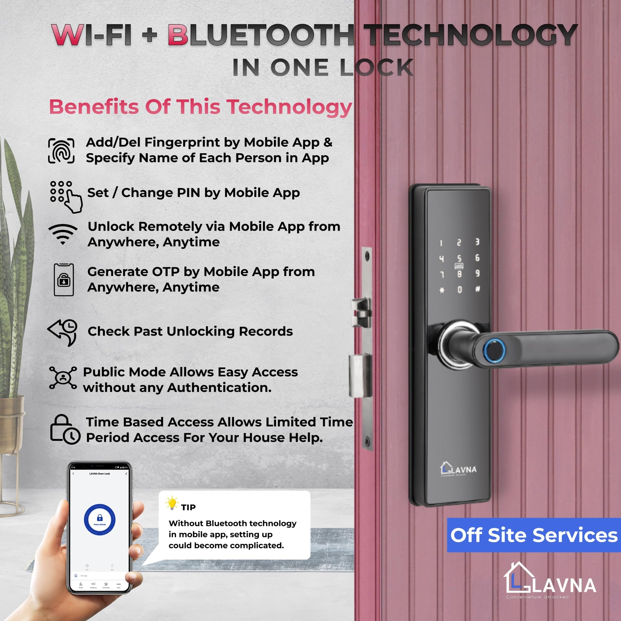 LAVNA Smart Wi-Fi Door Lock | 7 Way Unlock | Fingerprint, Mobile App, WiFi + Bluetooth, RFID Card, OTP, PIN and Manual Key Access for Wooden Doors | SS Locking Bolts (LA16 WF)