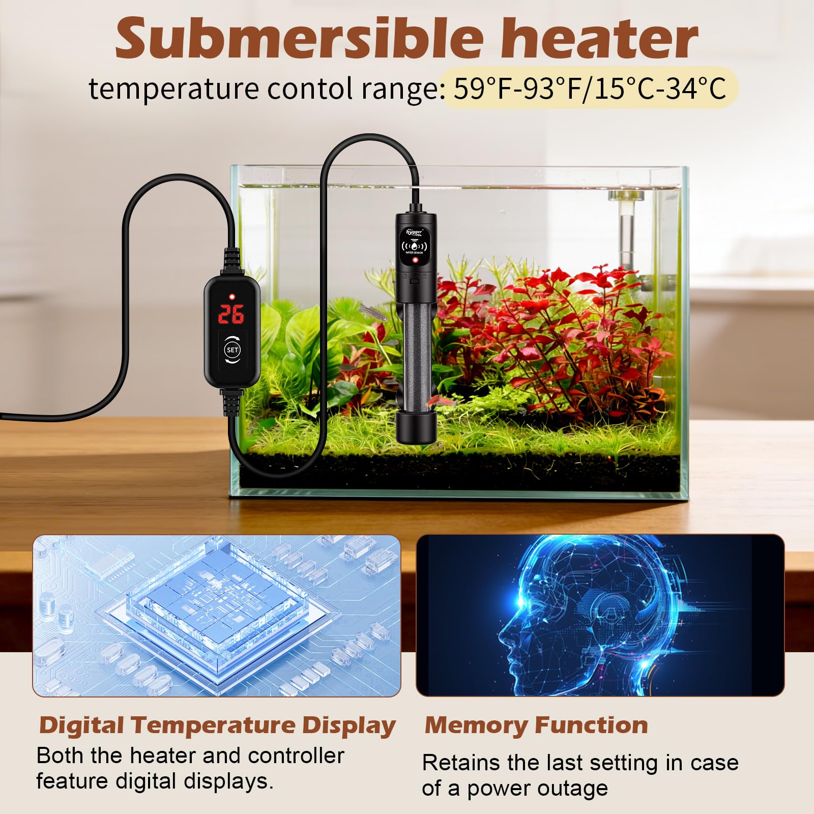 hygger Mini Chauffage Aquarium 50W, Submersible Chauffages pour Aquarium avec Contrôleur de la Température Aquarium Heater de Tortue pour 19 à 38 litres