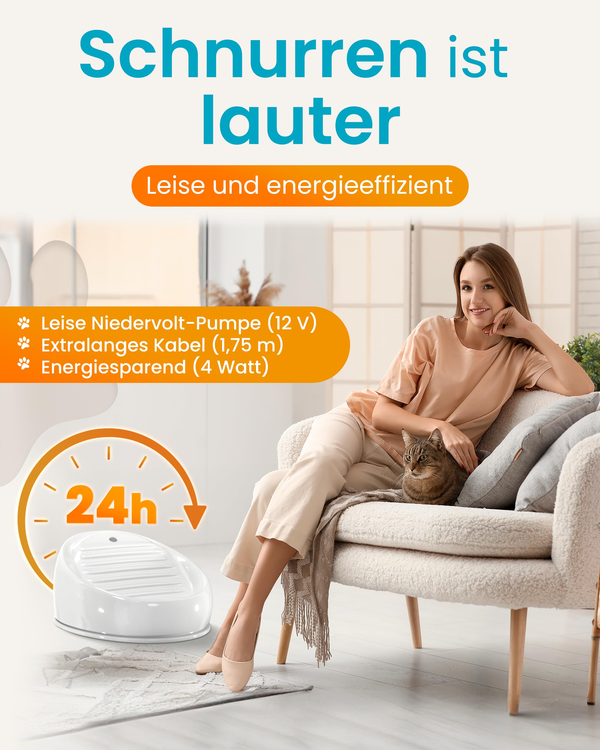 Lucky-Kitty Trinkbrunnen für Katze weiß I Katzenbrunnen Keramik Handarbeit, hygienisch I Kein Aufladen, kein Filter-Tausch I Trinkbrunnen leise & energiesparend I Wasserspender Katzen plastikfrei