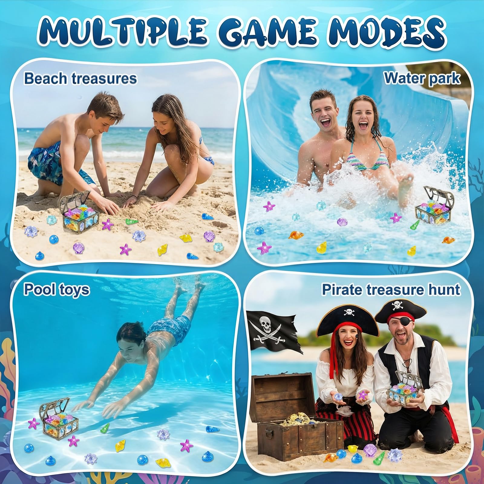 Set de Gemas Coloridos, 36 Gemas Piratas de Acrílico con 1 Cofre Pirata, Piedras Preciosas de Buceo, Juguetes de Piscina Diving Gems para Piscinas, Playas y Búsquedas del Tesoro (D)