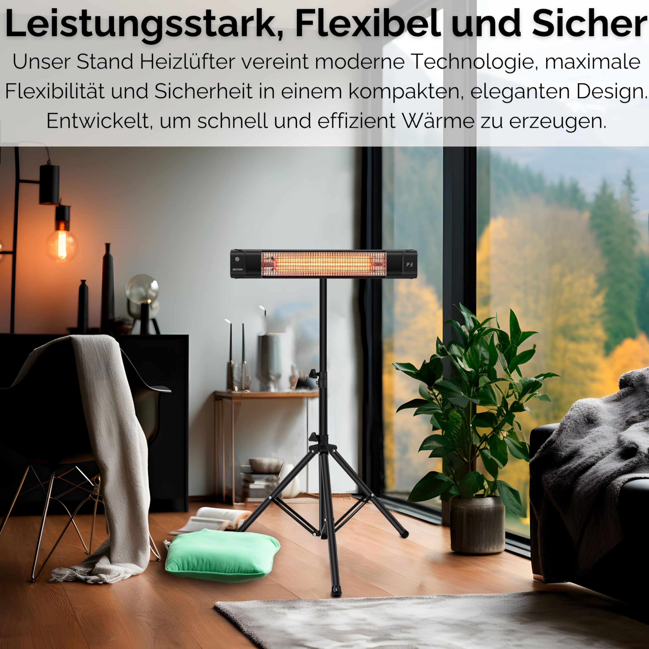 Echos® Karbon Infrarot Heizstrahler 1500W langlebiges Carbon-Heizelement – Terrassenheizer elektrisch für Balkon, Wintergarten & Innenbereich, Standfuß oder Wandmontage, 3 Stufen, Timer, Fernbedienung