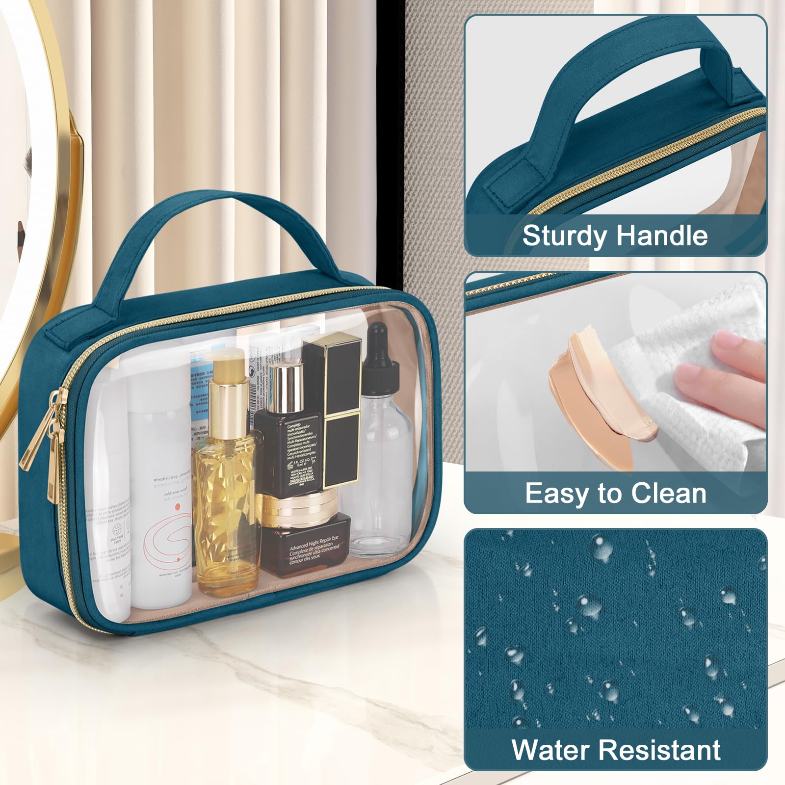 Wedama TSA-zugelassener Kulturbeutel, 3 Stück, transparente Make-up-Taschen mit Griffen, Quart-Größe, transparente Kulturbeutel, transparente PVC-Kosmetiktaschen für Damen und Herren, Handgepäck für