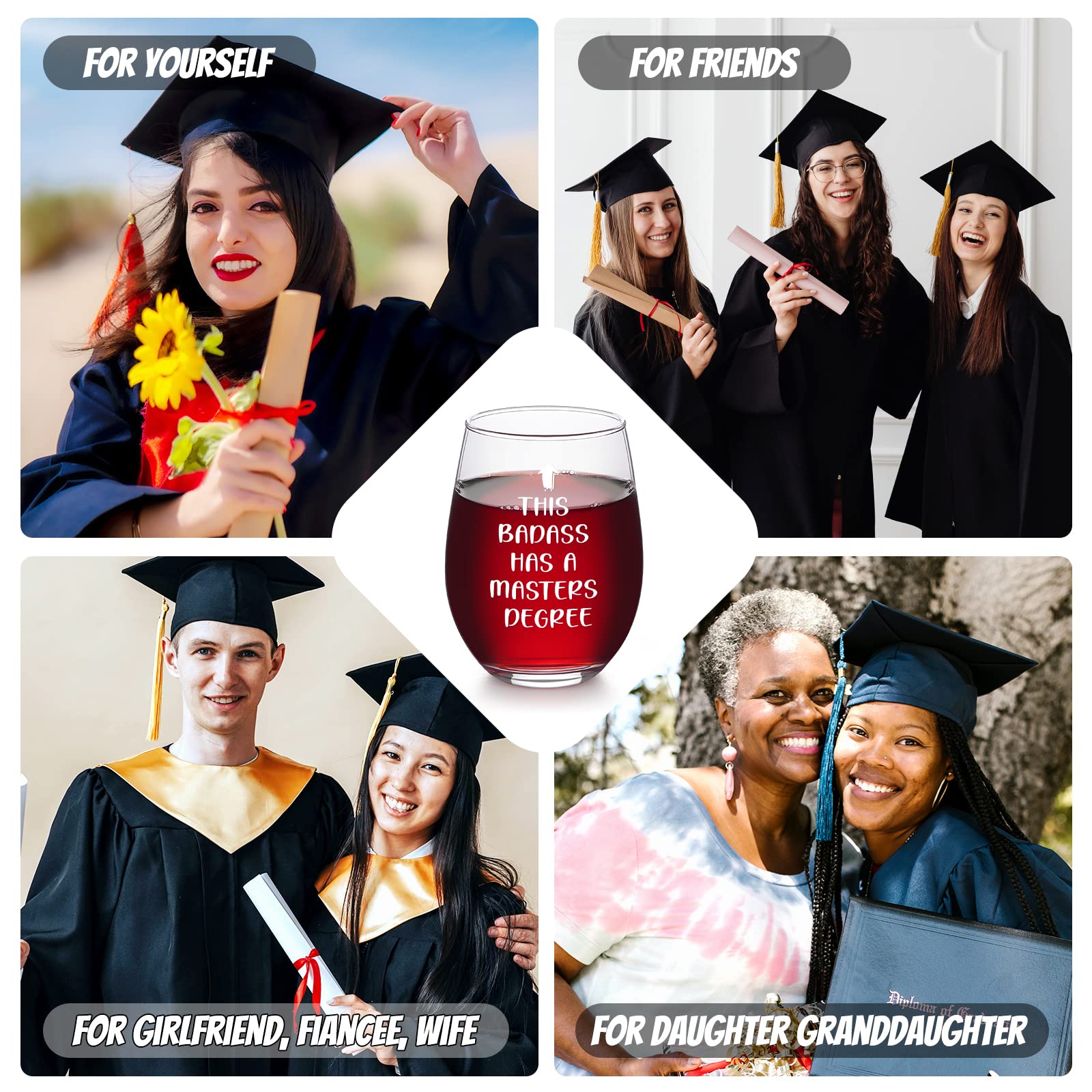 Futtumy Graduation Gifts, This Badass Has a Masters Degree Stemless Wine Glass for Her Women Sister Friends Graduates School Students Congrats Grad Party, Masters Degree Graduation Gifts for Her, 17Oz
