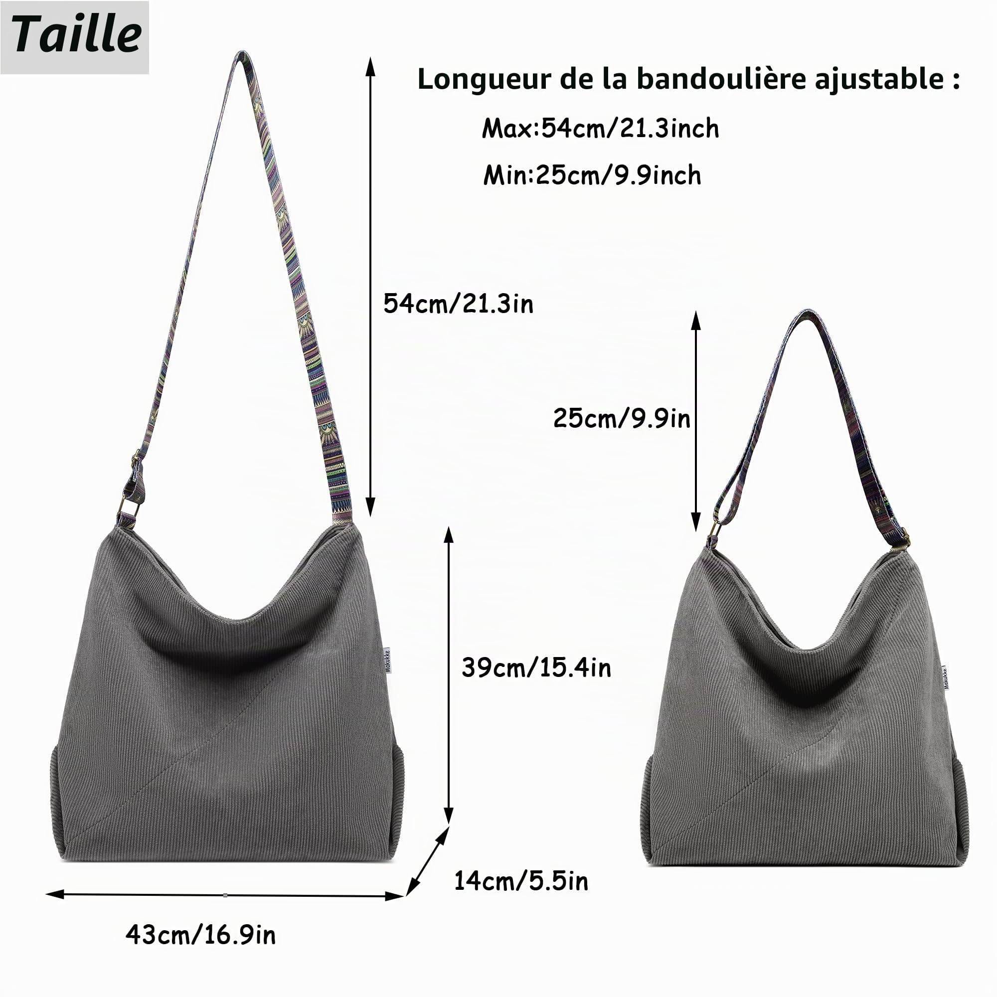 Makukke Sac à main pour femme - Sac à bandoulière en velours côtelé - Sac à bandoulière décontracté - Pour l'école, le bureau, le travail, les voyages, les excursions