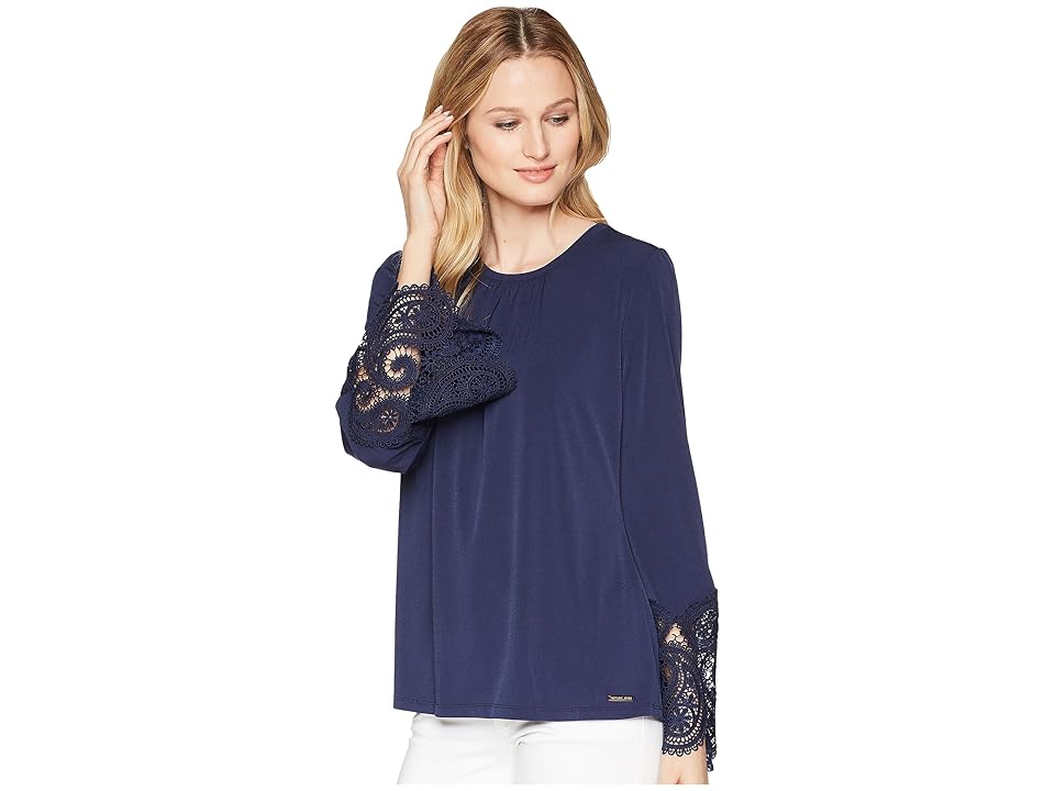 

MICHAEL Michael Kors Lace Cuff Sheer Top (True Navy) Women's Clothing