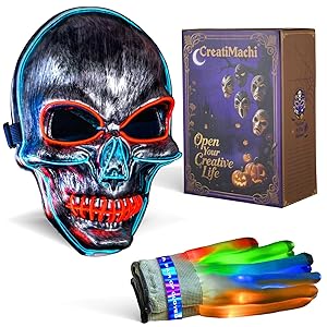CreatiMachi LED Mask,Halloween Costumes LED Gloves Set,Scary Masks,Glow in Dark Skeleton Cool Halloween Gifts for Adult&Teens