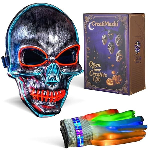 CreatiMachi LED Mask,Halloween Costumes LED Gloves Set,Scary Masks,Glow in Dark Skeleton Cool Halloween Gifts for Adult&Teens