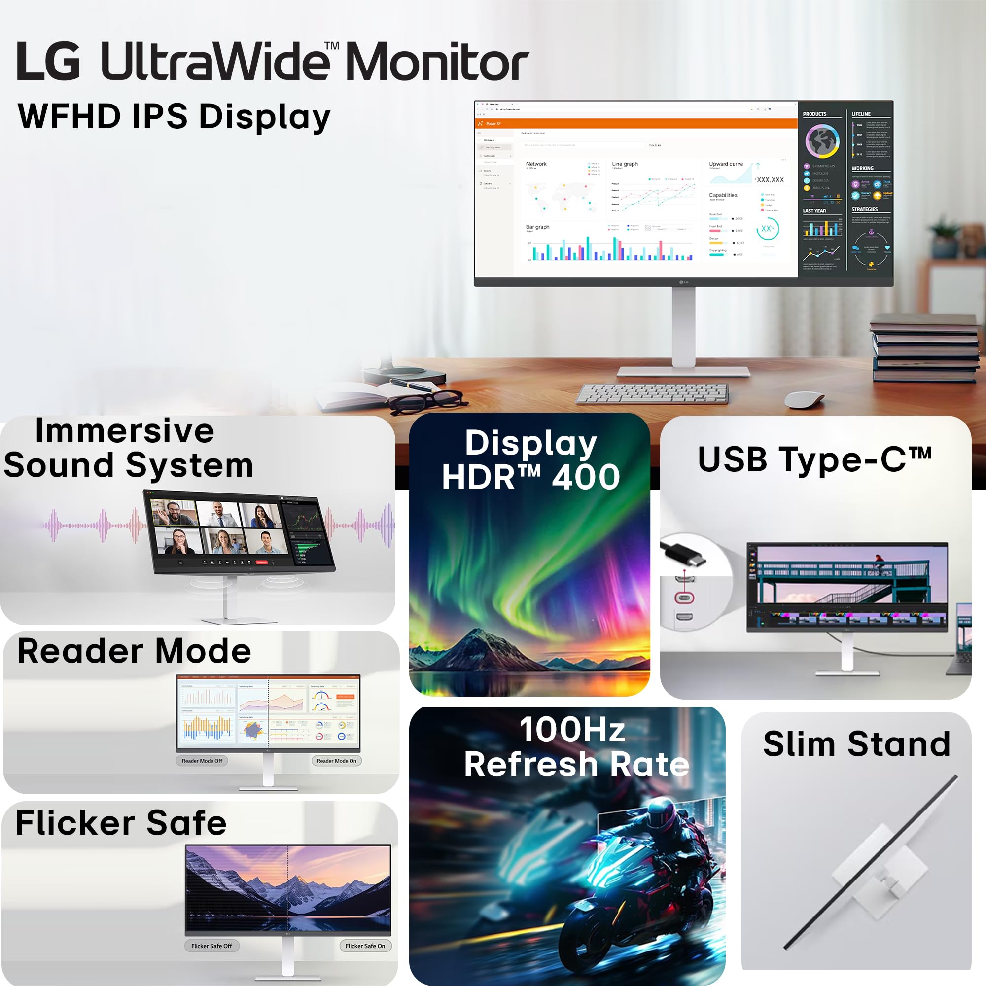 LG 34U530A 86.36cm (34 Inch) UltraWide WFHD (2560x1080) IPS Monitor, Anti-Glare, HDR10, 3-Side Virtually Borderless, HDMI, DP, USB-C, Speakers, Tilt/Height/Swivel Adjustment Slim Stand (White) — Amazon image 5