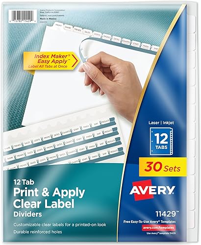 Avery Separadores de carpetas de 12 pestañas, tira de etiquetas transparente fácil de imprimir y aplicar, fabricante de índices, pestañas blancas, 5