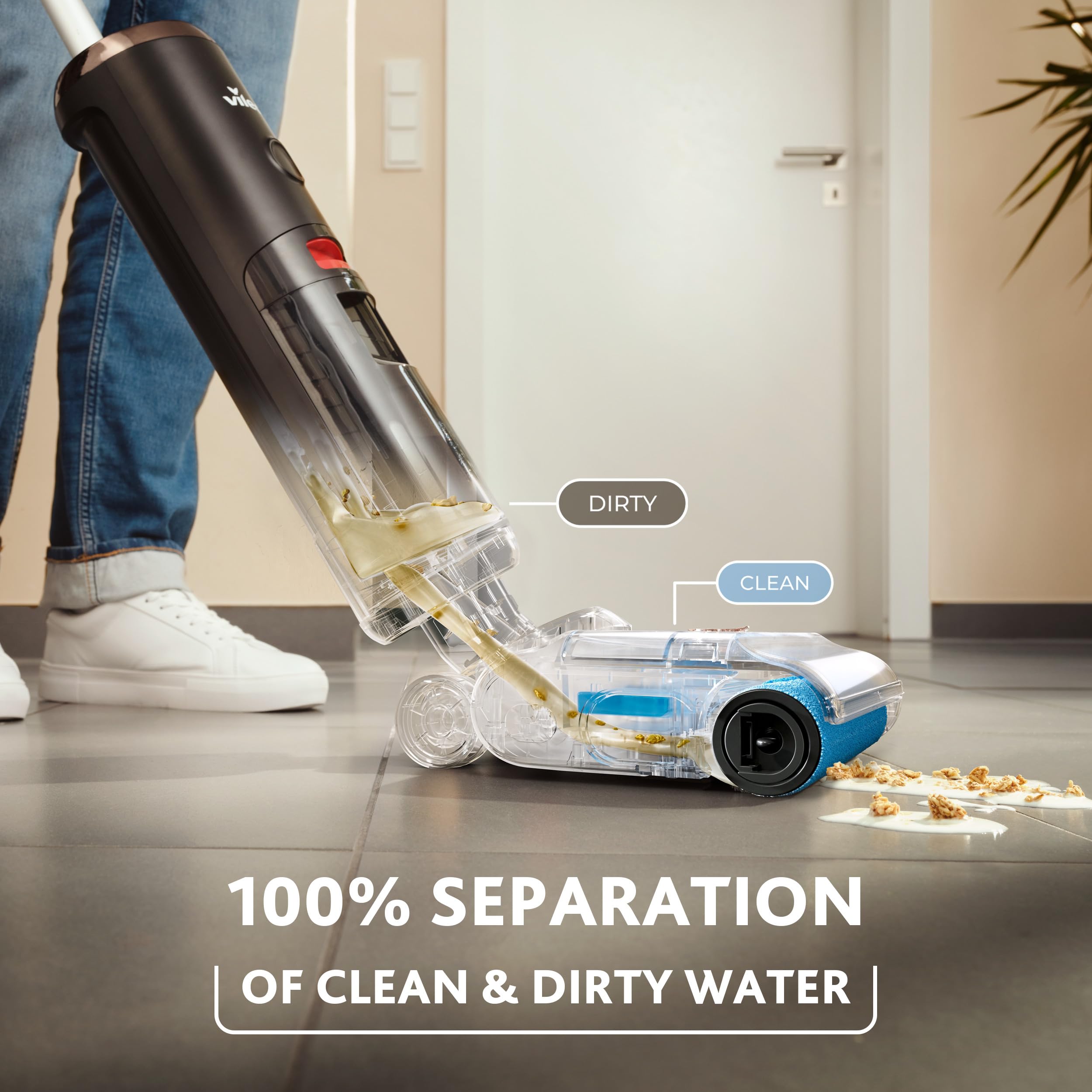 Vileda PureClean S5 - Aspirapolvere a secco con accessori (2 rotelle, 2 filtri), senza fili a batteria con doppio serbatoio e separazione dell'acqua al 100%, leggero, per tutti i pavimenti, 180 m² con