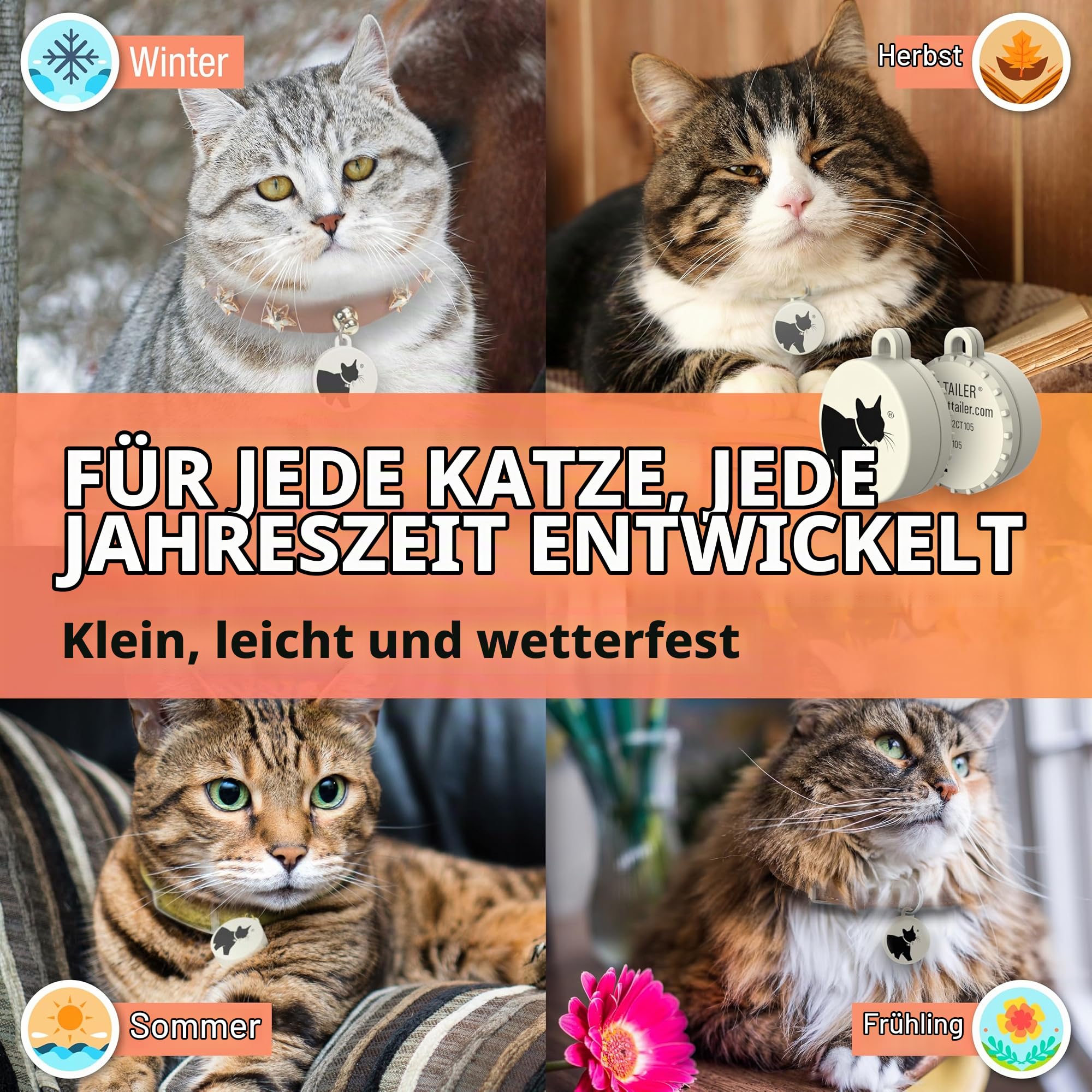 Katzen-Tracker – kleines und leichtes wasserdichtes Bluetooth-Halsband für Haustiere, 100 m Reichweite, austauschbare 6 Monate Akkulaufzeit, kompatibel mit Android/Apple iOS