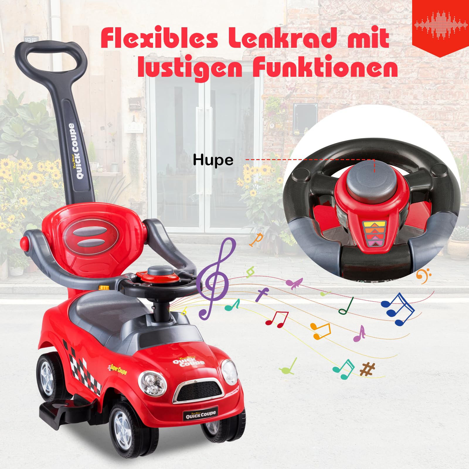 COSTWAY 3 in 1 Rutschauto Schiebeauto, Rutschfahrzeug mit abnehmbarem Schiebgriff, Schutzbügel & verstecktem Stauraum, Spielzeugauto für Kinder von 2 bis 6 Jahren (Rot)