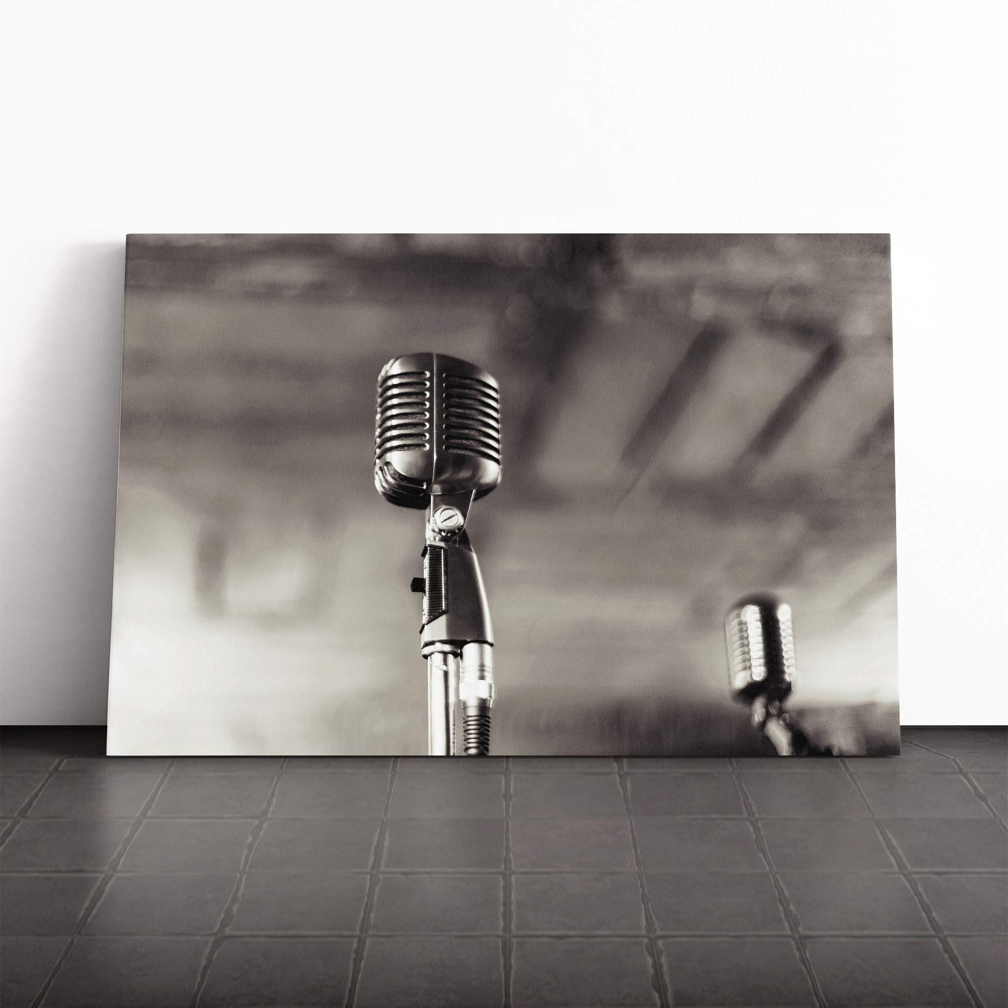 Two Microphones Music Canvas Print | Gallery Wrapped 30mm Frame Wall Art | 24x16 inches | Ready to Hang | Modern Music Picture | Living Room Bedroom Lounge Office