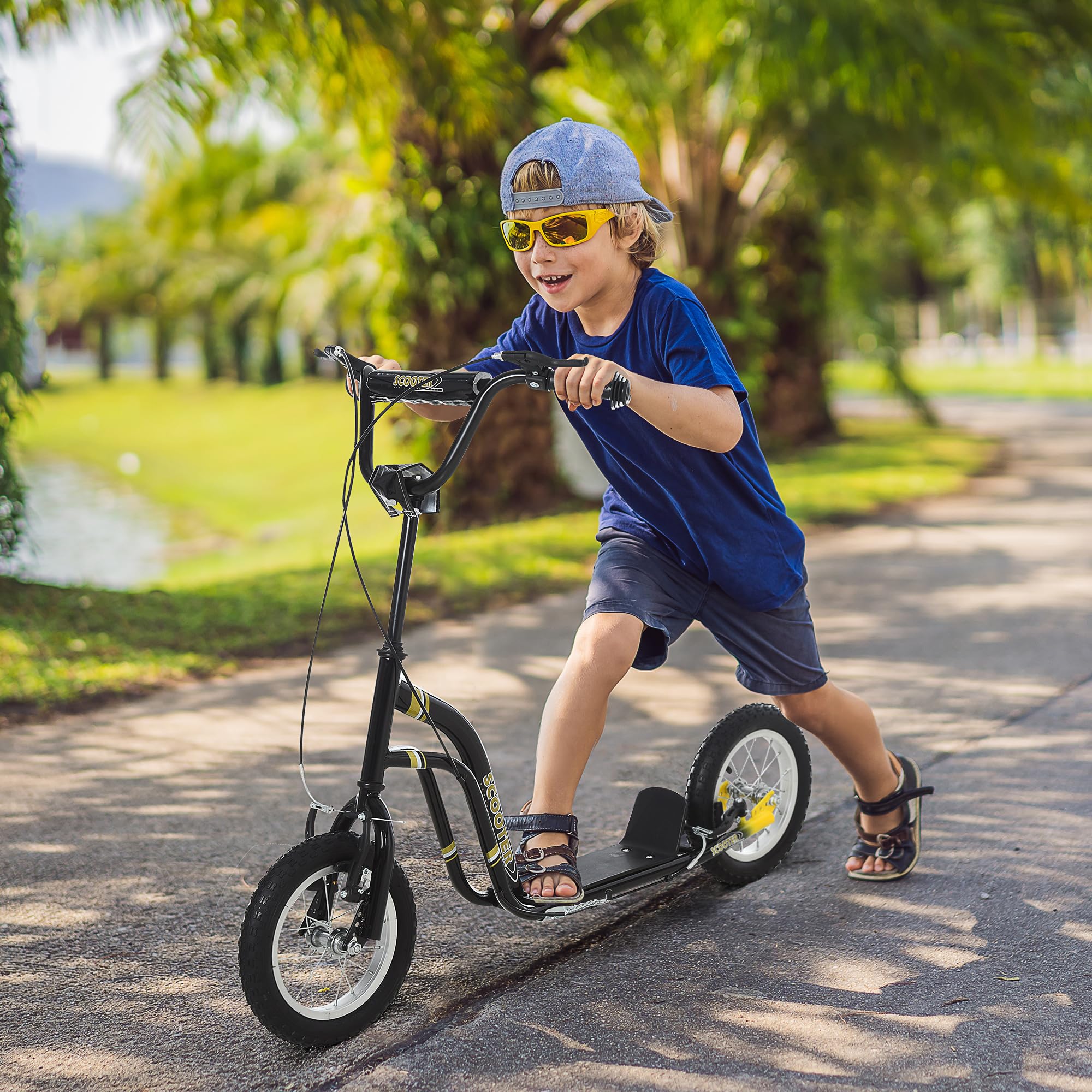 HOMCOM Patinete Infantil y Juvenil con Ruedas Grandes 5+ años Negro