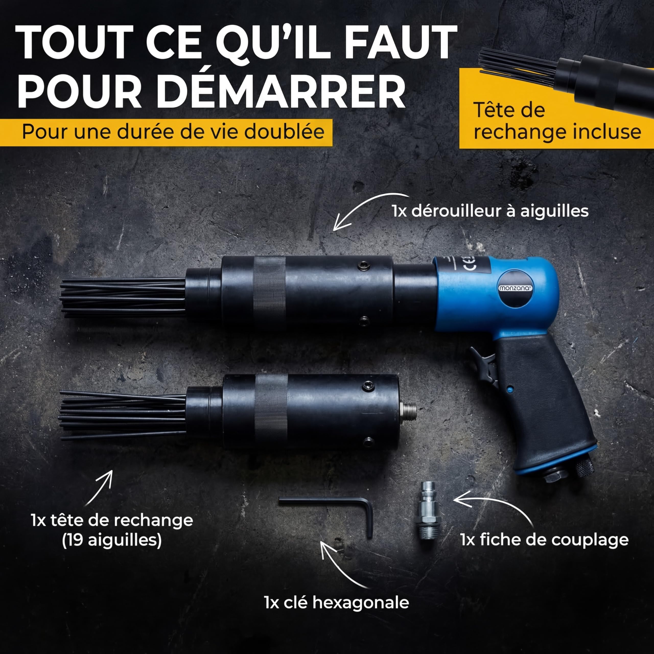 MONZANA® Dérouilleur à aiguilles pneumatique 4.000 tr/min air 260 L/min décapeur burineur marteau air comprimé rouille peinture tête de rechange