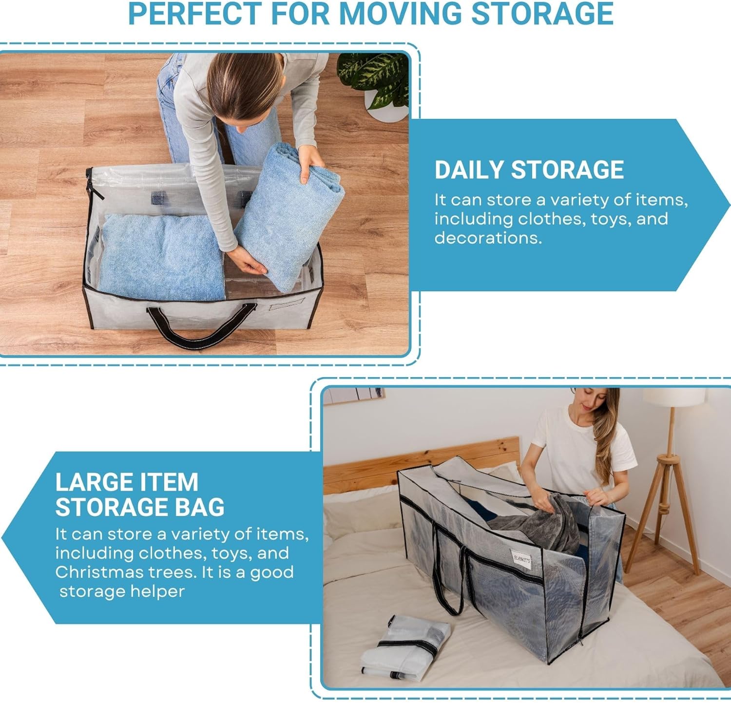 VENO 12 Pack Moving Bags: 8 Clear Windowed + 4 Extra Large, Polypropylene (PP), Zipper Closure, Ideal for Bedding Storage and Organization