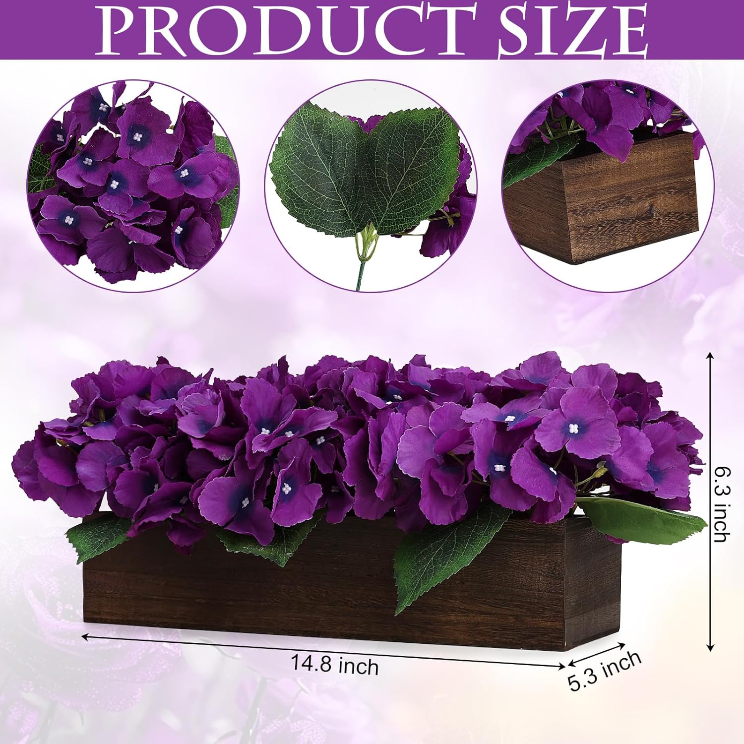 Pre-Made Flower Table Centerpiece, Artificial Hydrangea Arrangements Centerpieces Fake Flowers Decor Wood Tray Faux Flower Wedding Bouquets Room Kitchen Farmhouse Indoor Office Party(Purple) - Image 2