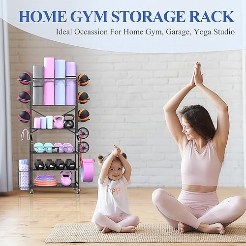 Miniatura 7 de Mythinglogic Estante de almacenamiento para esterilla de yoga, estante de almacenamiento de gimnasio en casa para mancuernas, rodillo de espuma,