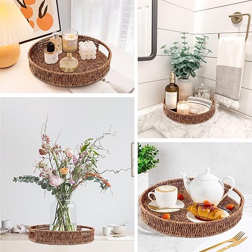 Miniatura 6 de SEDISON Bandeja de mimbre tejida a mano de 13.8 pulgadas para mesa de café, decoración de cocina, bandeja grande de ratán