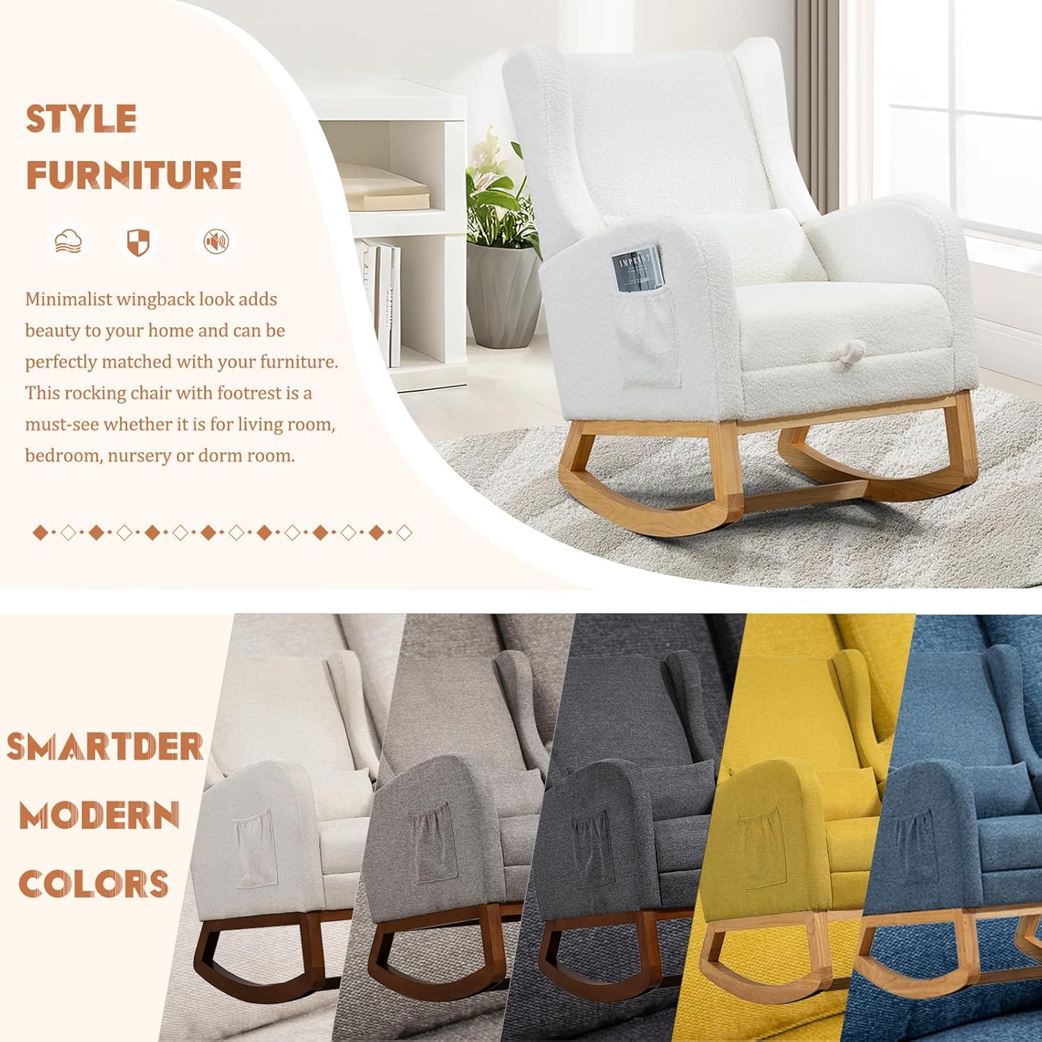 Rocking Chair Nursery with Foot Rest, Comfy Nursery Chair Glider Rocker with Pillow and Pocket, Modern Wingback Accent Armchair with for Living Room, Bedroom, Lounge, Home Office, Ivory Ivory Teddy image 6 of 7 B0CTQM9MKR