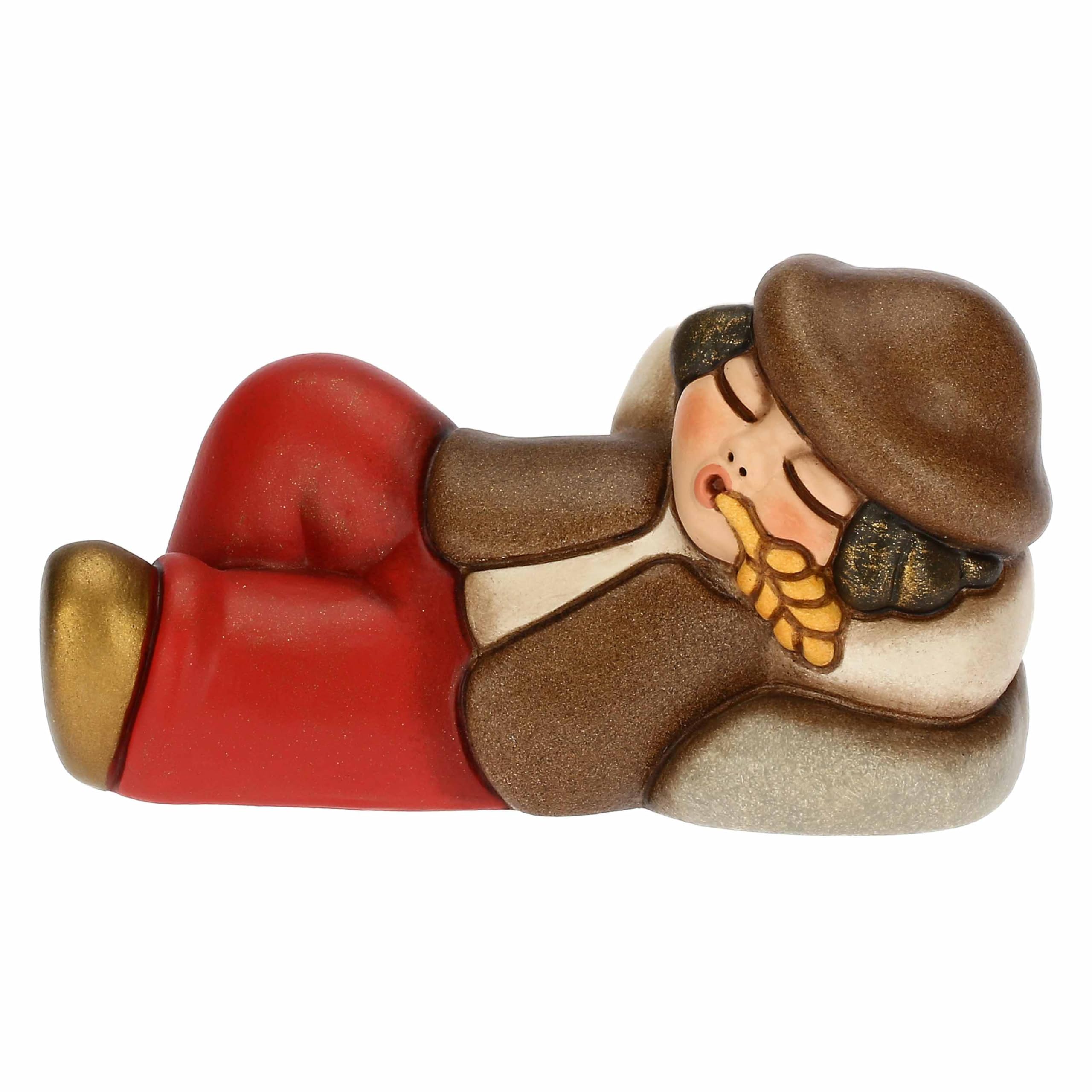 THUN, Pastore Dormiente in Ceramica Decorata a Mano, Colore Rosso, Linea Presepe Classico, Decorazioni Natale Casa, 8.3x3.9x5 cm h