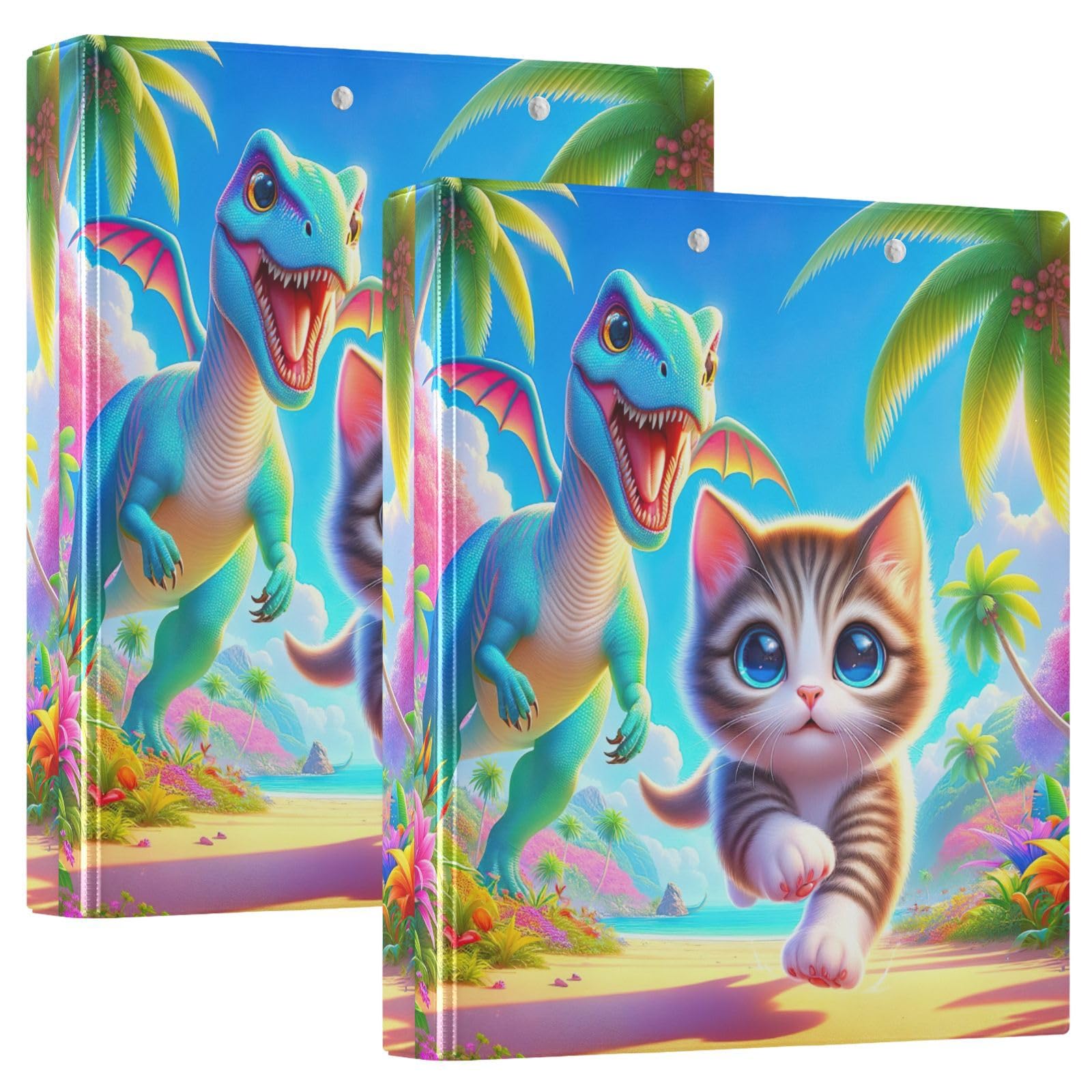 Lot de 2 classeurs décoratifs à 3 anneaux en forme de chat dinosaure mignon de 3,8 cm avec poches, pour l'école, l'université ou le bureau