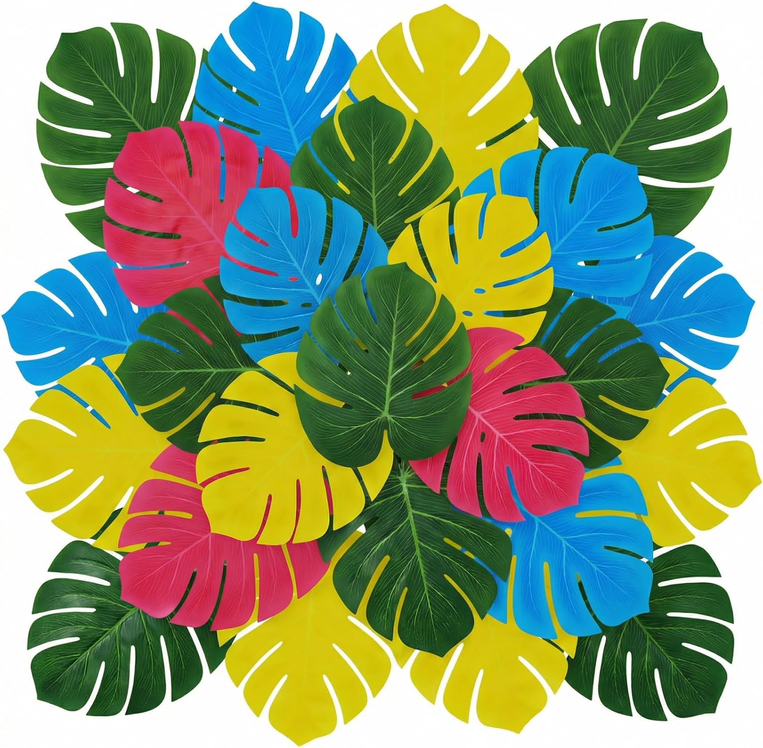Yungyan 100 Pcs Artificial Palm Leaves, Big Leaf Placemat, Summer Hawaiian Luau 4 Colored Palm Leaves Party Decorations, Tropical Table Decor Hawaiian Leaf Decor Havana Party Favors
