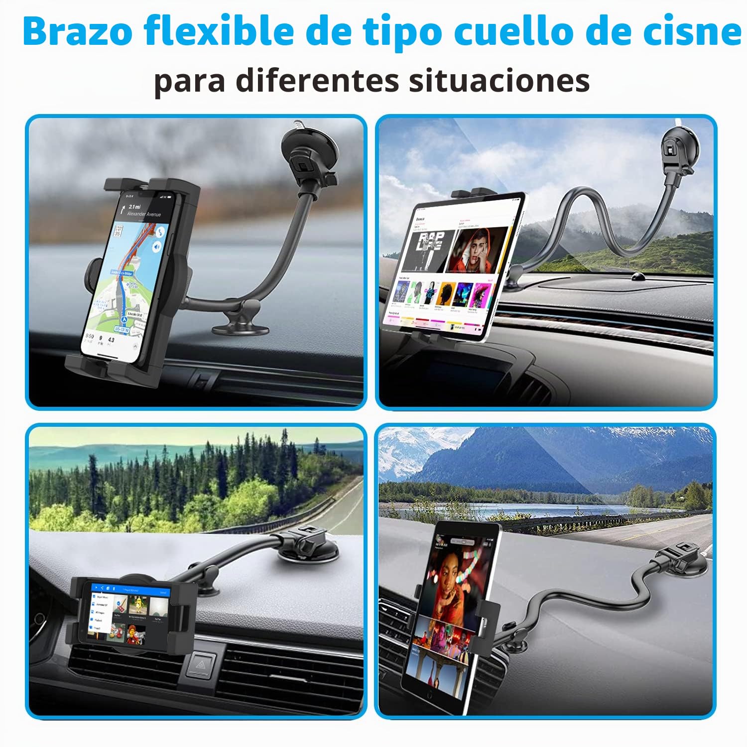 Soporte Tablet Salpicadero Parabrisas Coche Flexible con Cuello de Cisne | Porta iPad Coche Camión Ventosa con Brazo Largo de 34 CM para iPad Pro Air Mini, Galaxy, Kindle, Movil, 4-13"