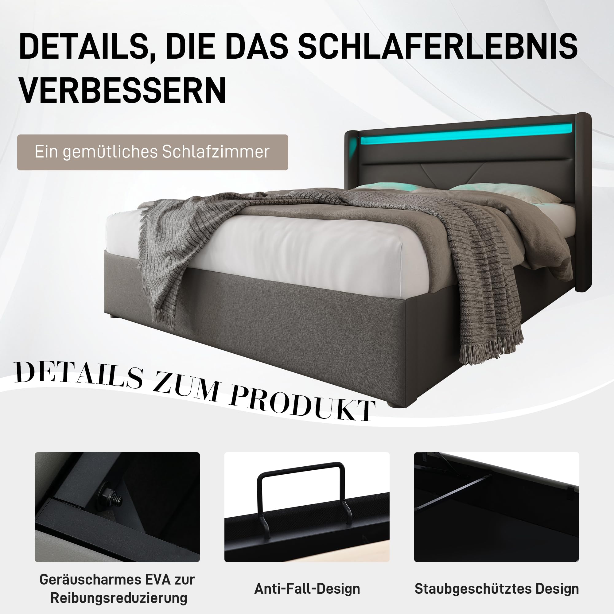 Lit hydraulique, avec espace de rangement, 140 x 200 cm, gris, avec éclairage LED et télécommande, surface PU, espace de rangement rabattable, lit fonctionnel, moderne, avec espace de