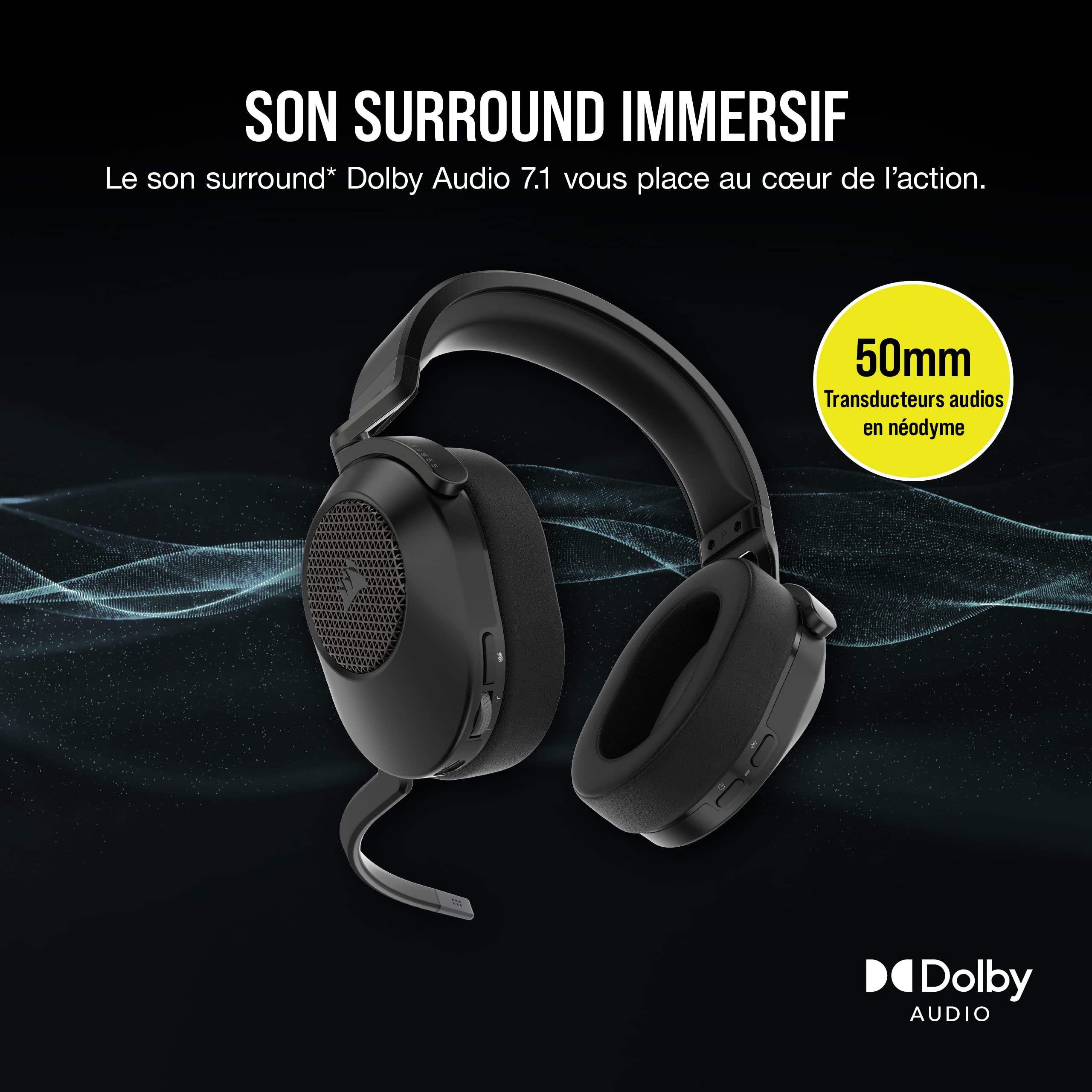 Corsair HS65 Wireless Casque Gaming - Faible Latence 2,4 Ghz sans Fil ou Bluetooth, Son Surround Dolby® Audio 7.1, Légère, Microphone Omnidirectionnel, Commandes Audios Accessibles - Noir