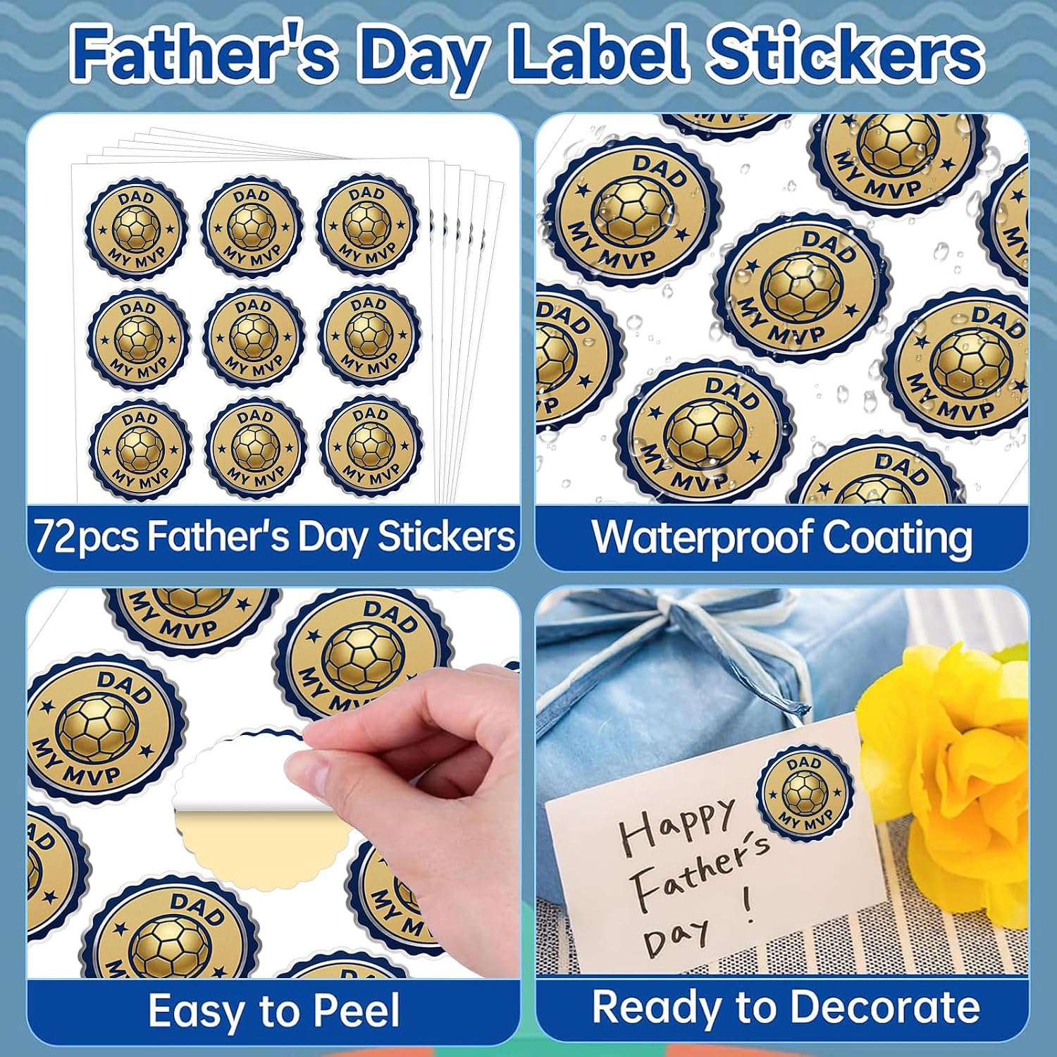 SICOHOME Dad Fathers Day Stickers - 72PCS 1.5" Funny Happy Fathers Day Gift Stickers World Cup Envelope Seals Gift Tags Labels for MVP Dad for Boxes Cards Gifts Bags Party Favors Decorations image 4